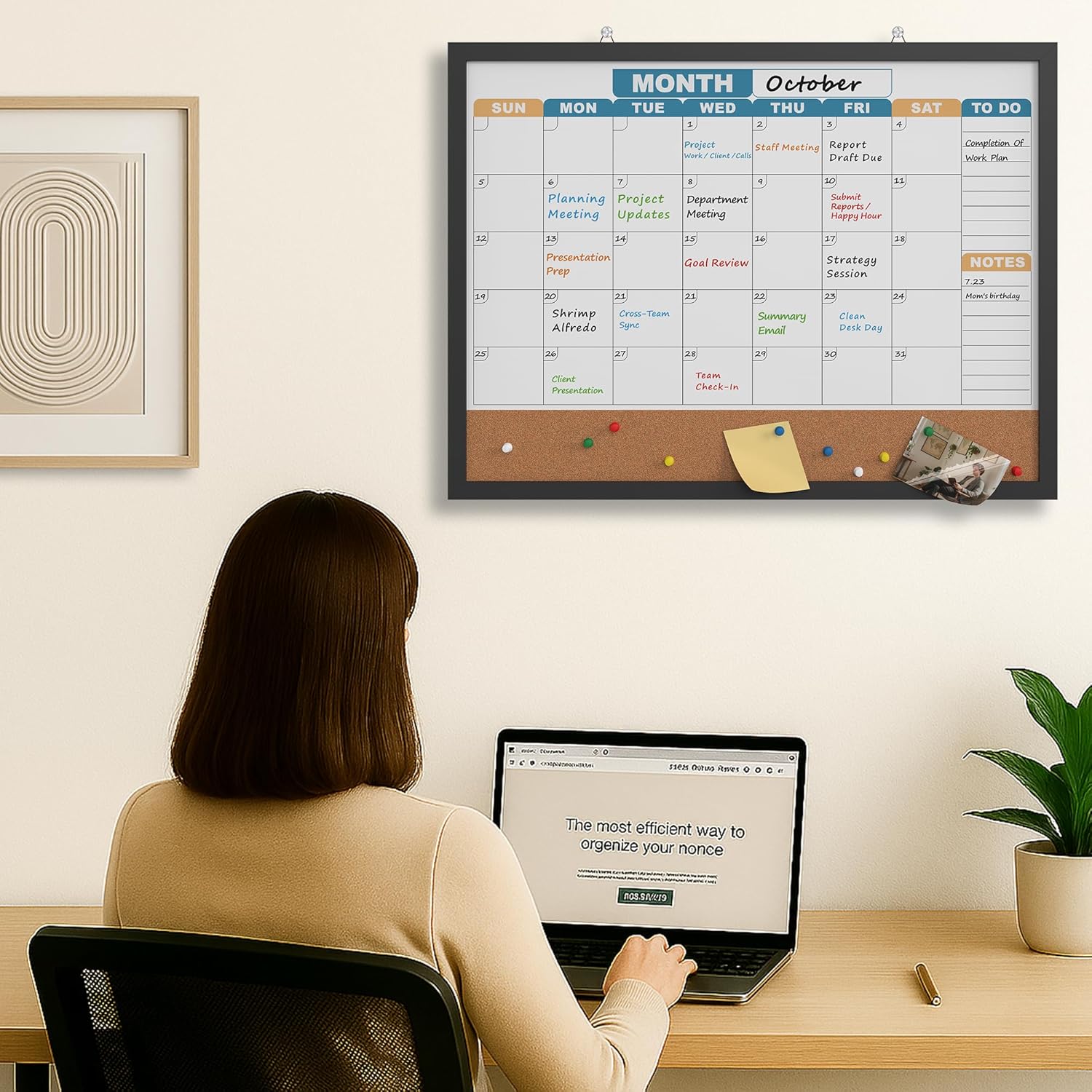 Monthly Calendar Dry Erase Board 24x18 Inch, Double-Sided Whiteboard and Corkboard Combo with Black MDF Frame (Color Calendar), Wall Mounted Planner with Marker, Magnet, Push Pin, Eraser