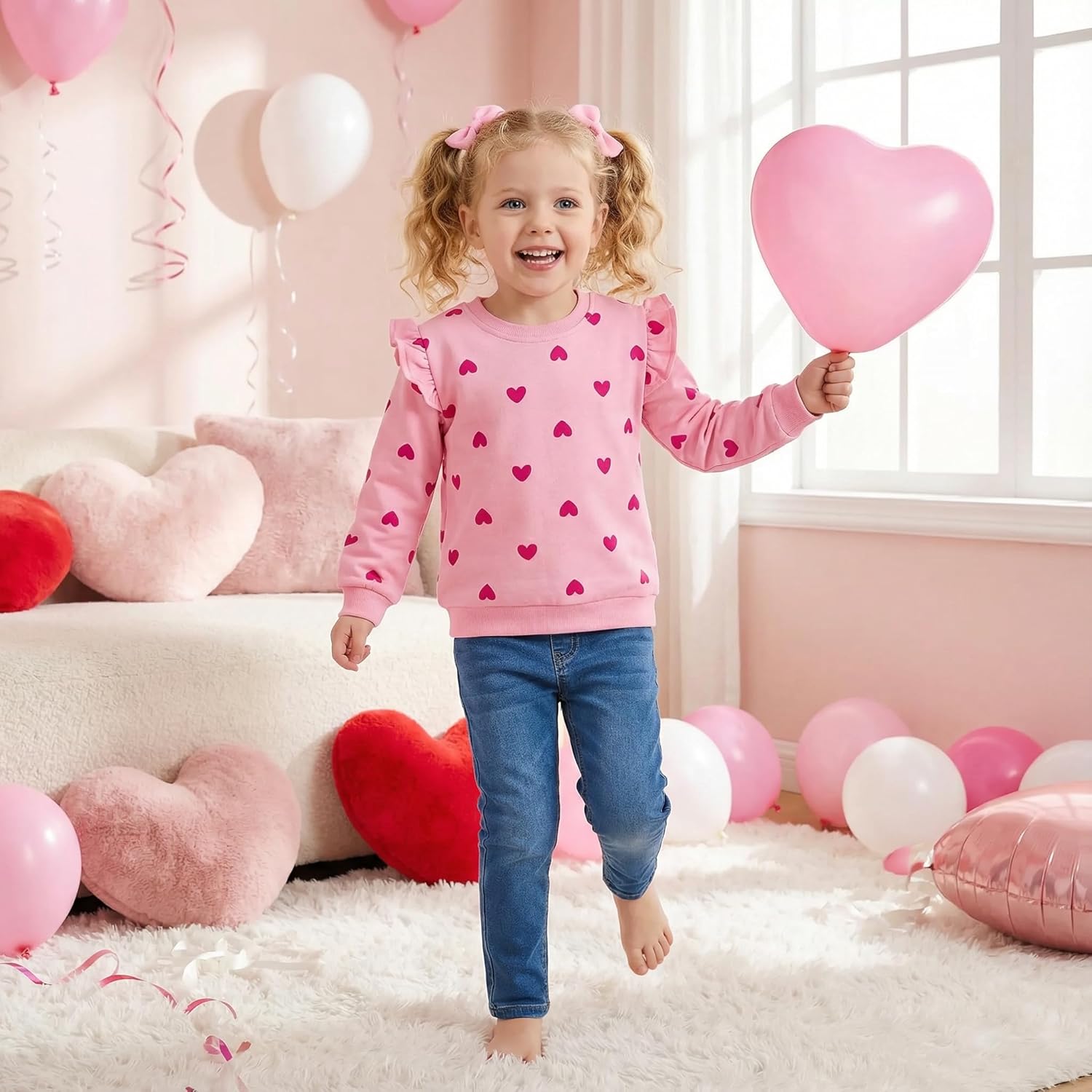 Girls Valentines Sweatshirt Toddler Kids Sequin Heart Long Sleeve T Shirt Ruffle Pullover Cotton Sweater Tops - Image 4