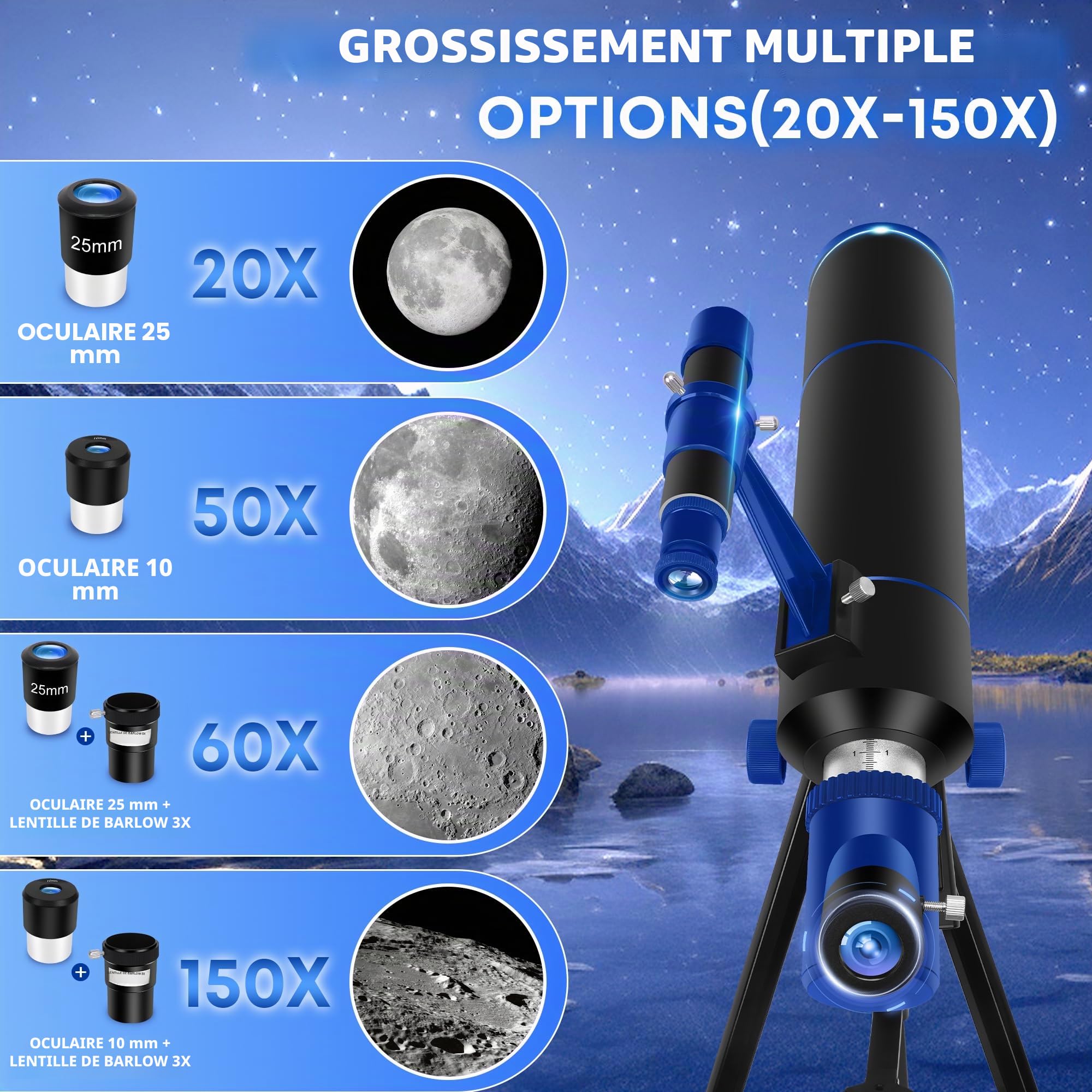 Télescope, 80 mm Ouverture 500 mm Telescope Astronomique Enfant et Adultes, Télescope de Voyage Compact et Portable pour Débutants avec Trépied, Adaptateur pour Téléphone, Sac à Dos et Autocollants