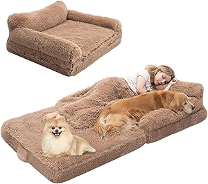 OtterOasis Foldable Human Dog Bed for Adults, Fluffy Human Sized with Blanket, Orthopedic Washable Dog Bed with Memory Foam and Water Repellent Liner for Pet (Brown, 79 * 44 * 12 inch)