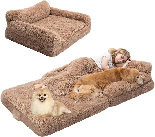 OtterOasis Foldable Human Dog Bed for Adults, Fluffy Human Sized with Blanket, Orthopedic Washable Dog Bed with Memory Foam and Water Repellent Liner for Pet (Brown, 79 * 44 * 12 inch)