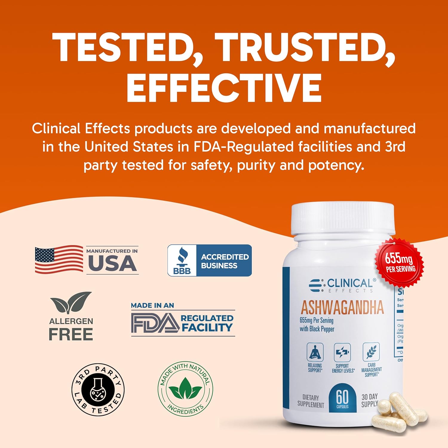 Clinical Effects Ashwagandha with Black Pepper for Stamina and Calm - 60 Ashwagandha Capsules - Made in the USA