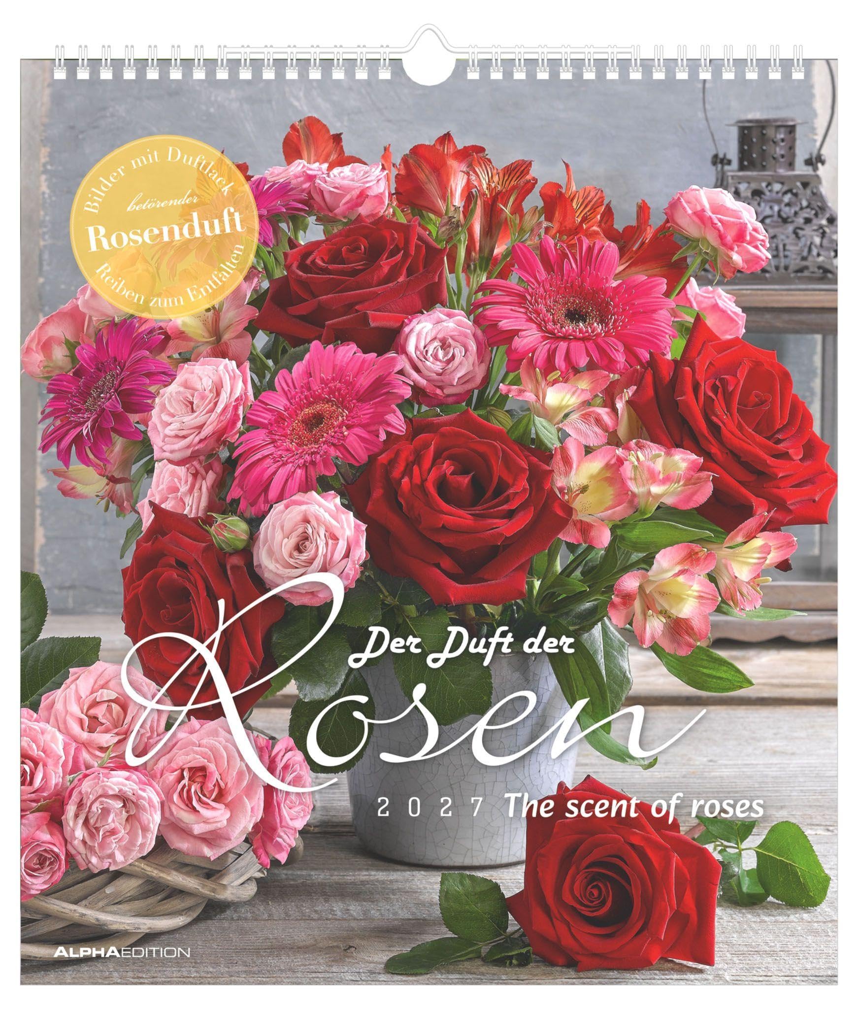 Der Duft der Rosen 2027: Wandkalender 30x34 cm mit 12 Rosenarrangements, Duftlack und Platz für Notizen
