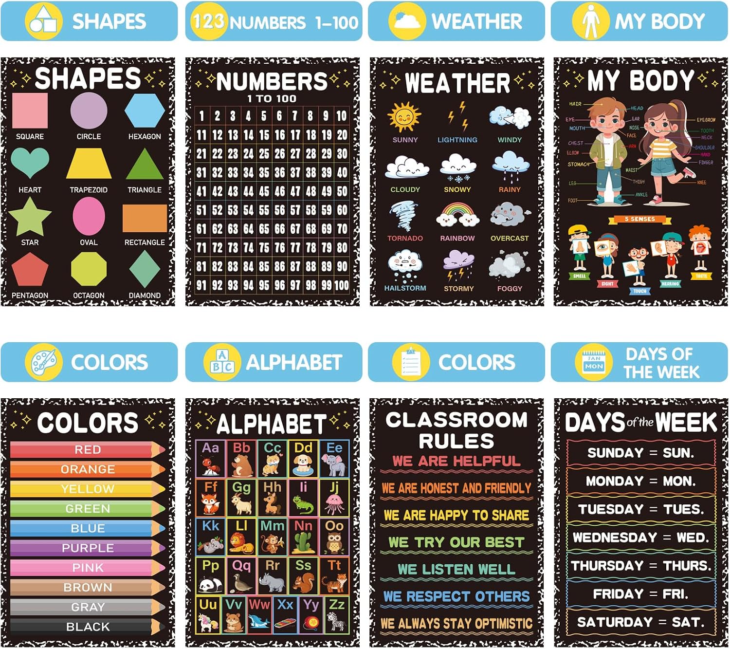 Classroom Educational Posters- Black Educational Learning Posters For Toddlers 1-3, Teacher Classroom Must Haves Supplies Essentials, ABC Alphabet & Number Learning Charts for Preschool Kindergarten- 16pcs 15.7"x11" image 2