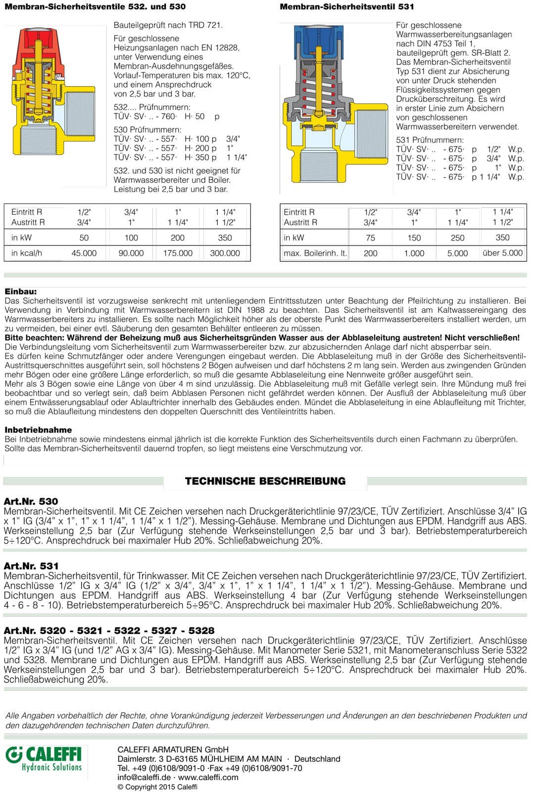 Caleffi 531480 Membranowy zawór bezpieczeństwa 1/2" x 3/4", wielokolorowy