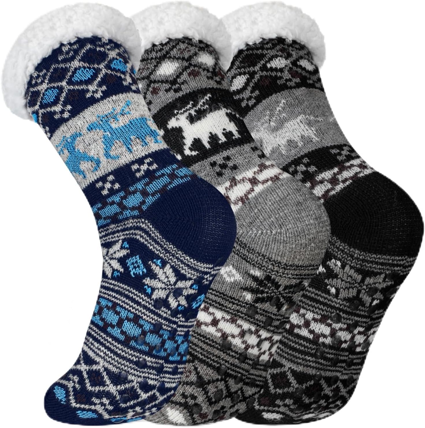 3 Pairs Mens Fuzzy Slipper Socks with Grip Winter Warm Non-slip Lamb Fleece Lined Socks Thermal Sleep Cozy Gift
