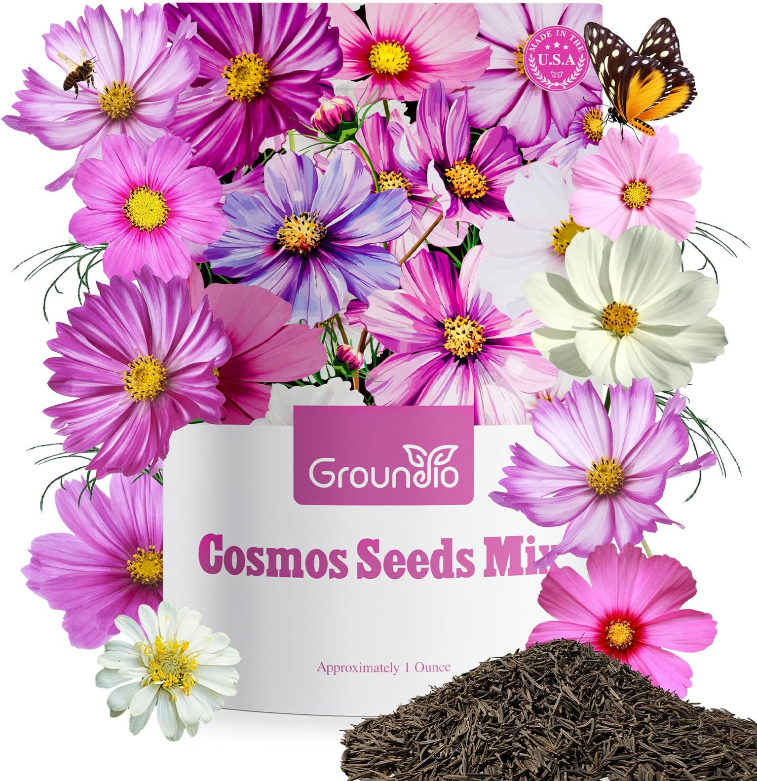 Groundio Cosmos Seeds Wildflower Mix 1 Oz, Over 3,000+, 4 Varieties Flowers Seeds for Planting (Radiance, Purity, Pinkie, Picotee), Open Pollinated Bulk