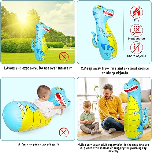 Miniatura 6 de EQARD Saco de boxeo para niños de 47 pulgadas inflable de dinosaurio con material 40% más grueso, rebote instantáneo con guantes de boxeo, karate,