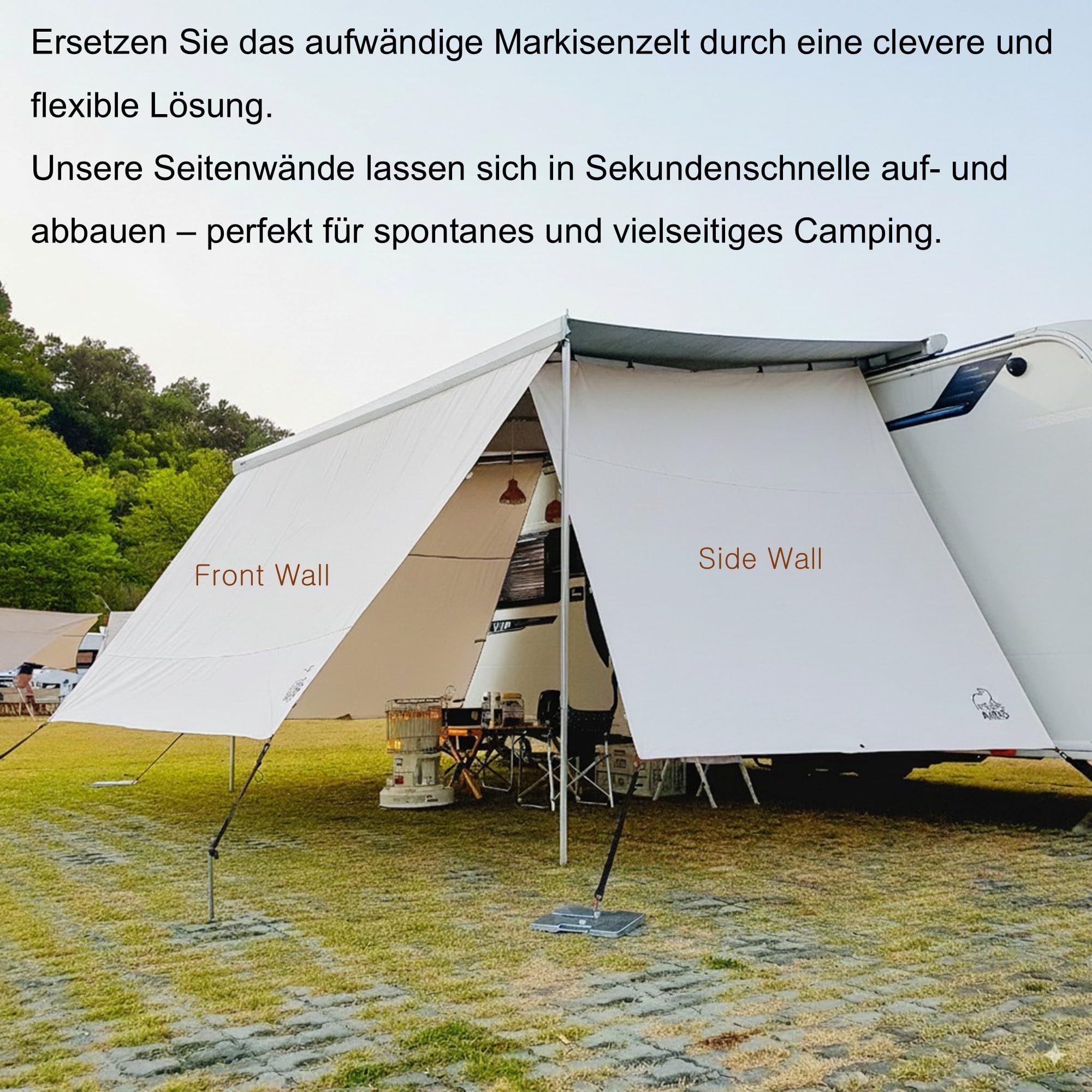 AIRIS Sun & Rain Blocker – Markisenvorderwand oder Seitenwände für Markisen – Premium Baumwollgewebe – Sicht- und Sonnenschutz für Camper & Wohnmobil – deutlich kühler als Polyester