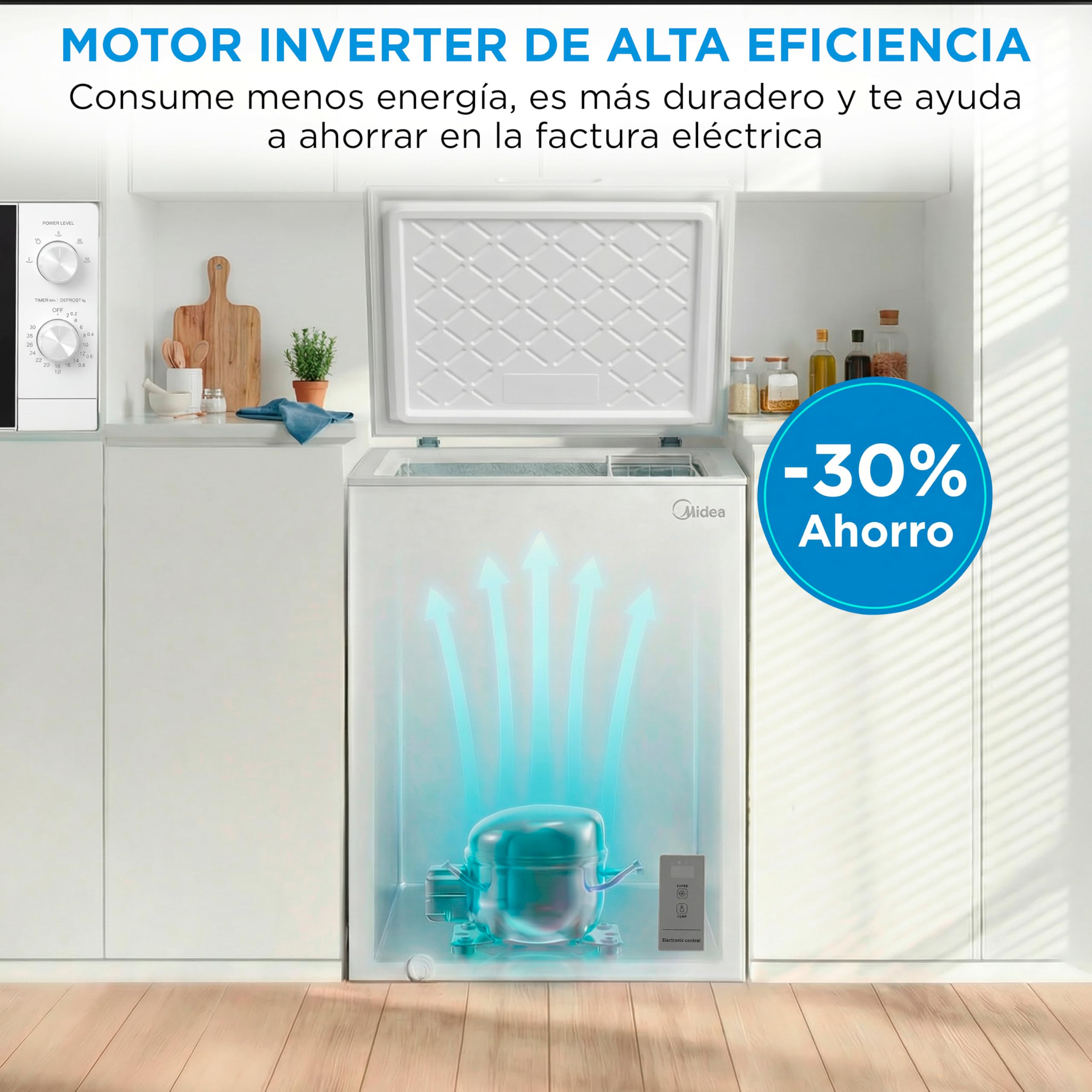 MIDEA Arcon mała zamrażarka 143L | zamrażarka pozioma z silnikiem inwerterowym, elektroniczna regulacja temperatury, kosze z uchwytem | Cicha skrzynia 37 dB Niskie zużycie energii