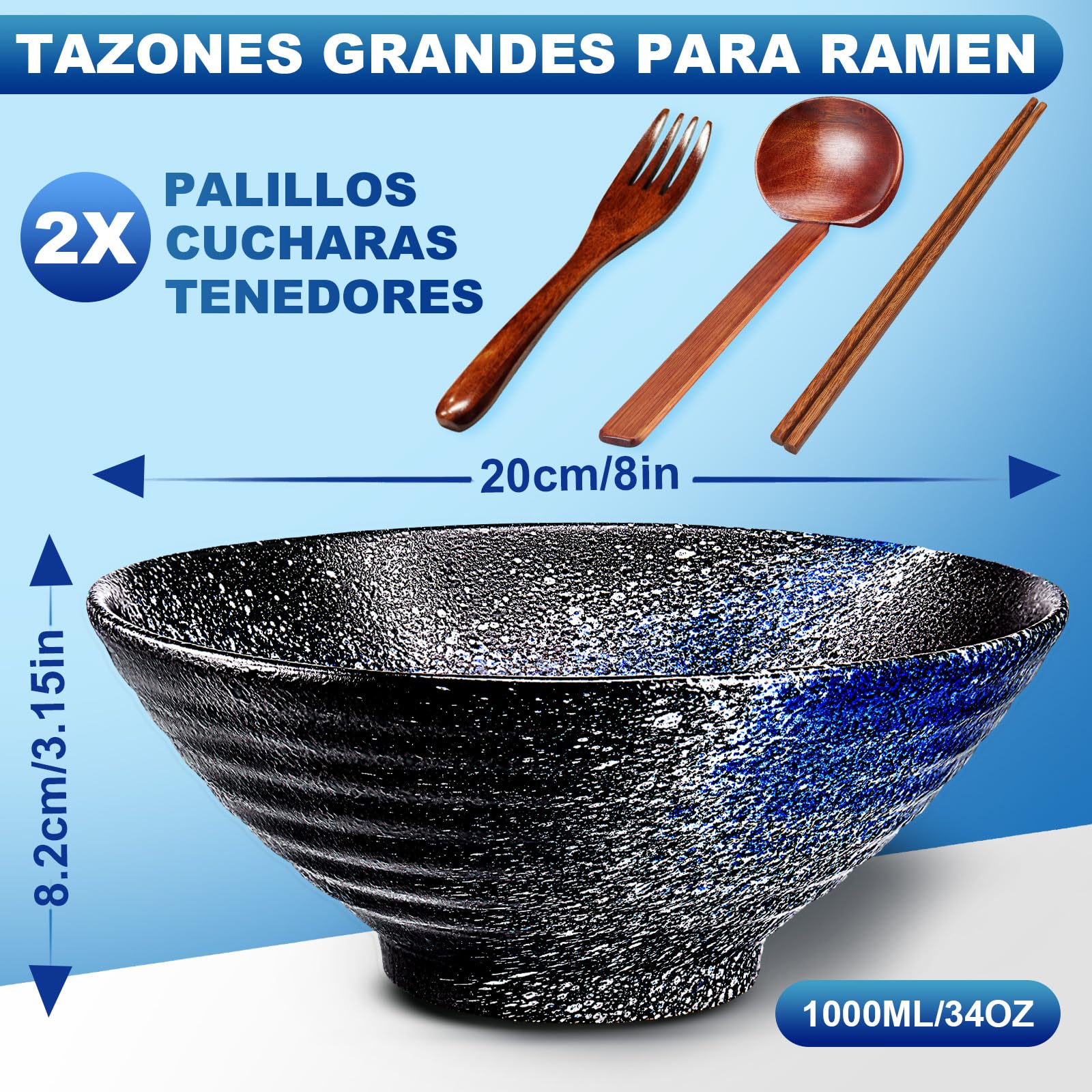 8 Pulgadas Grandes Juego De 2 Tazones De Cerámica Para Ramen De(9 Piezas) - Para Lavavajillas Tazones De Porcelana Para Ensaladas Fideos Cereales Con Recetas Palillos Tenedores Y Cucharas Para Apto