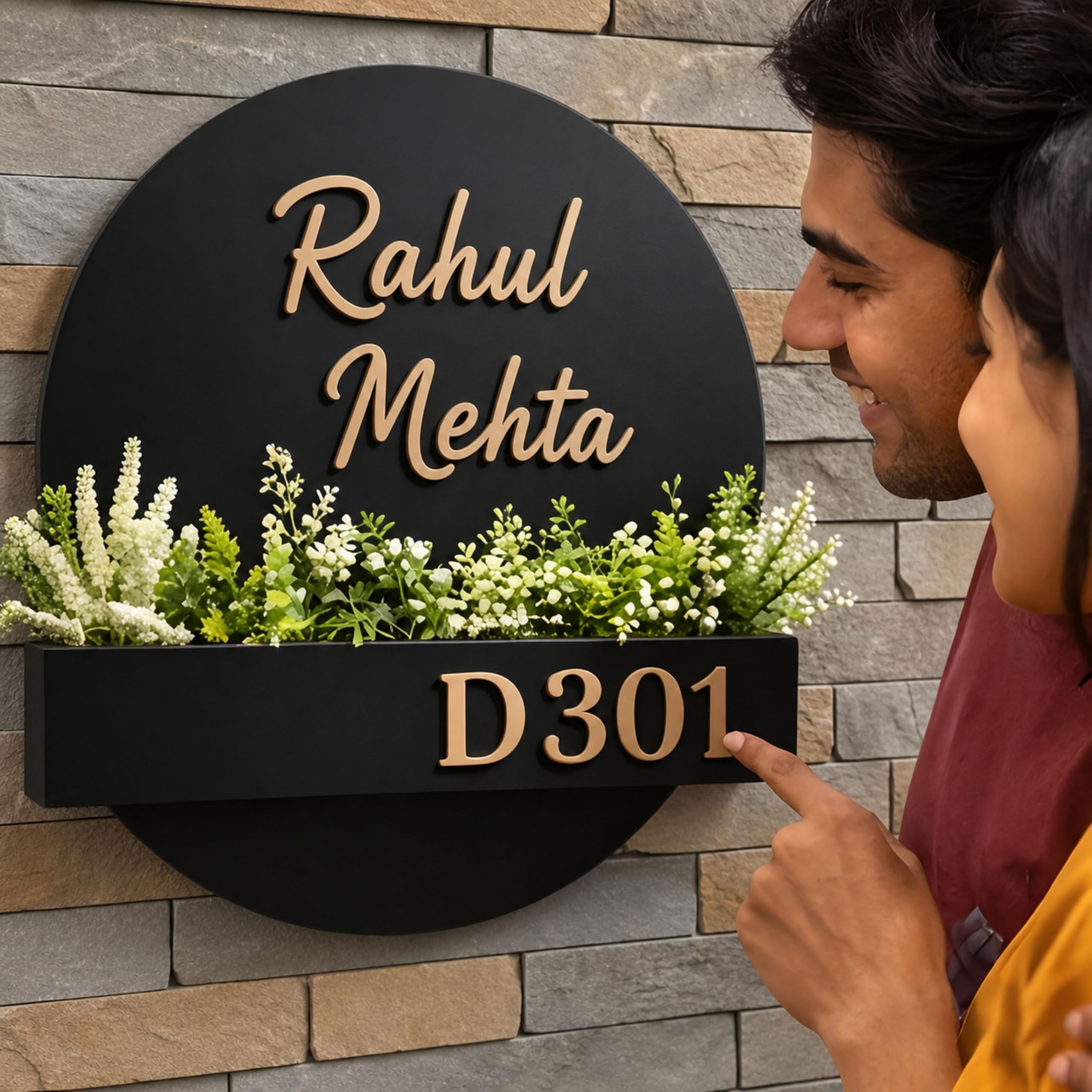 Personalized Wooden Name Plate with Mini Planter Box | Custom Round Name Plate for Home, Door & Entrance | Modern House Number Sign with Plant Holder | Housewarming Gift, (Plants not Included)(Black,12 Inch).-image-39