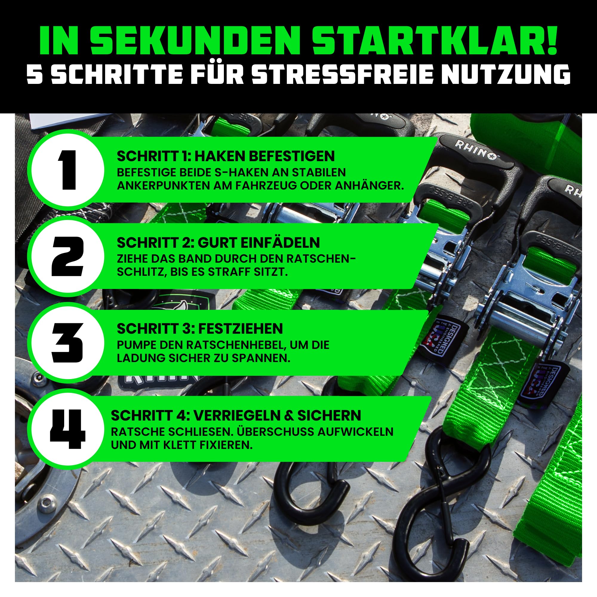 Rhino USA Schwerlast-Ratschengurt-Kit (4er-Pack) – 4 cm x 2,4 m (2.000 kg Bruchlast) – Ultimative Zurrgurte mit Sicherheits-S-Haken für LKWs, ATV, UTV, Motorräder, Ladung und mehr – Grün