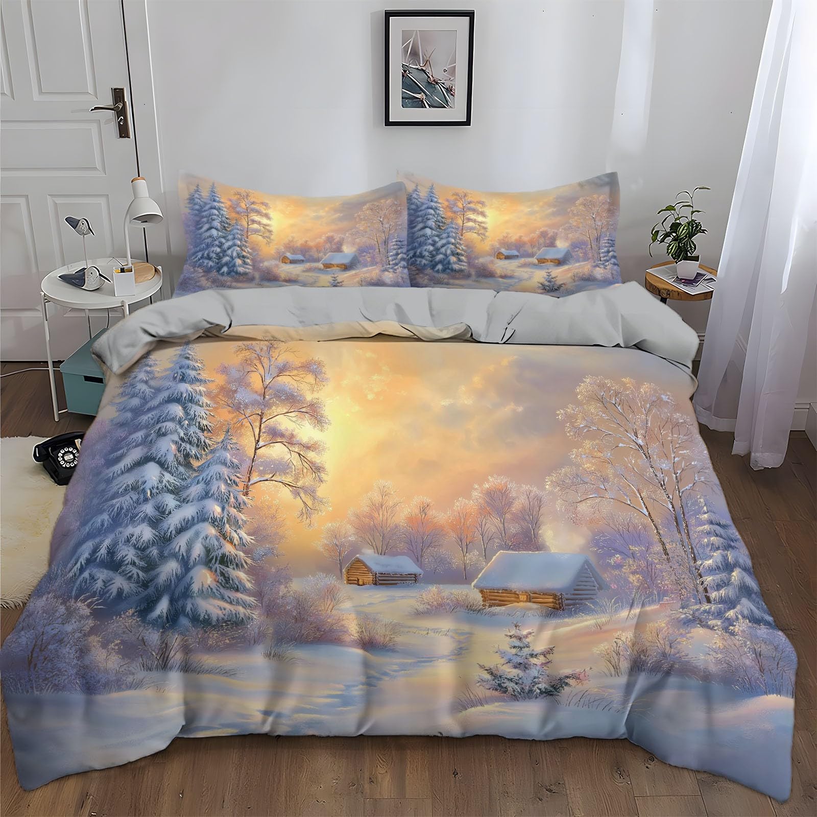 Drzewo krajobrazowe, motyw chaty śnieżnej, poszewka na kołdrę 155 x 200 cm, miękka mikrofibra, malarstwo, zestaw pościeli dziewczęcej, pościel dziecięca i poszewka na poduszkę z zamkiem błyskawicznym