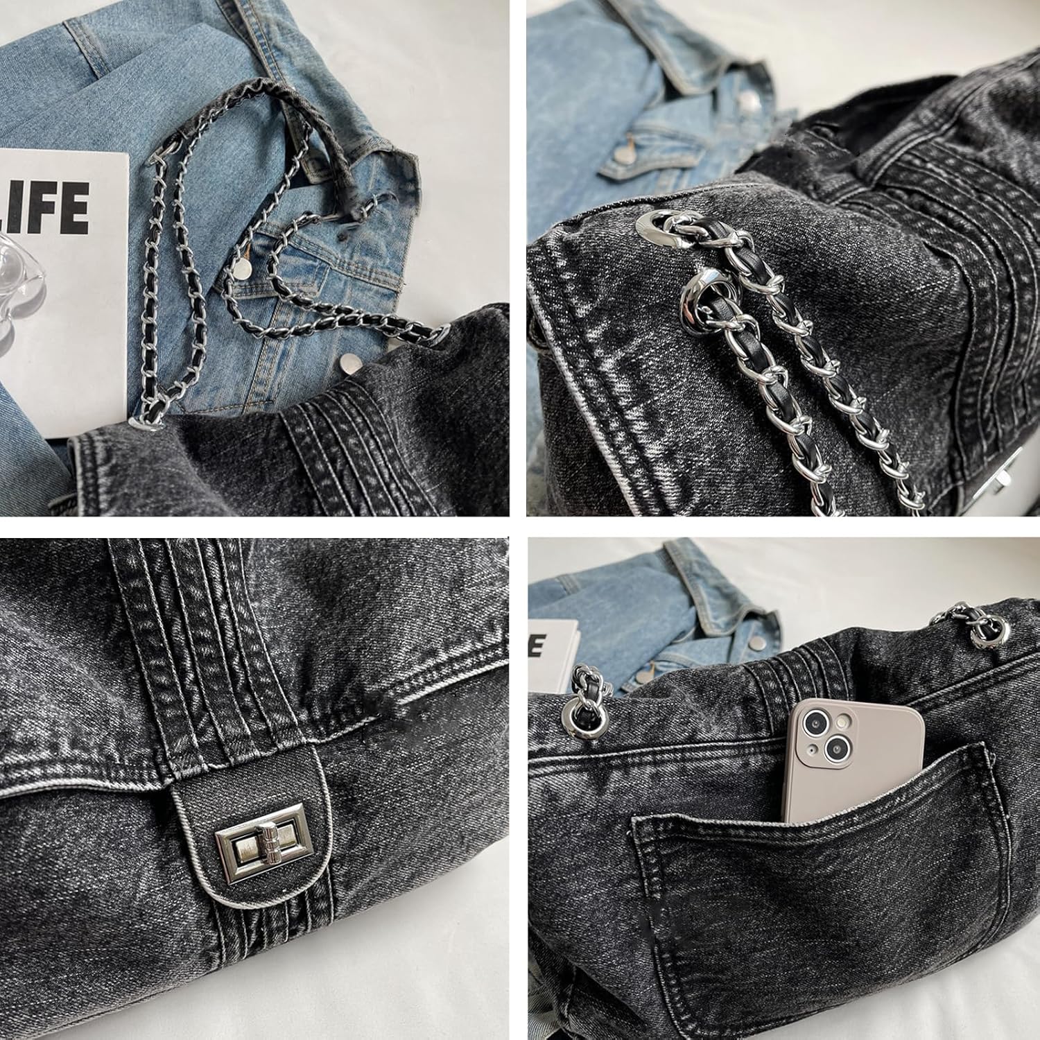 Denim Purse for Women Trendy Jean Purses Large Denim Tote Bag Fashion Crossbody Bags with chain - Image 8