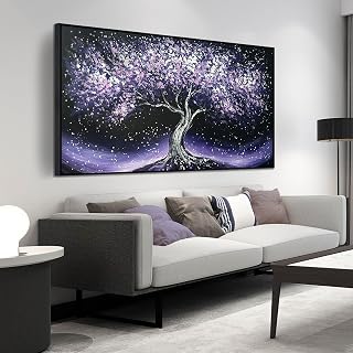 Purple Tree Hand Painted Wall Decor for Living Room - Modern Canvas Wall Art for Bedroom - Black Large Framed Wall Art Size 29" x 59"