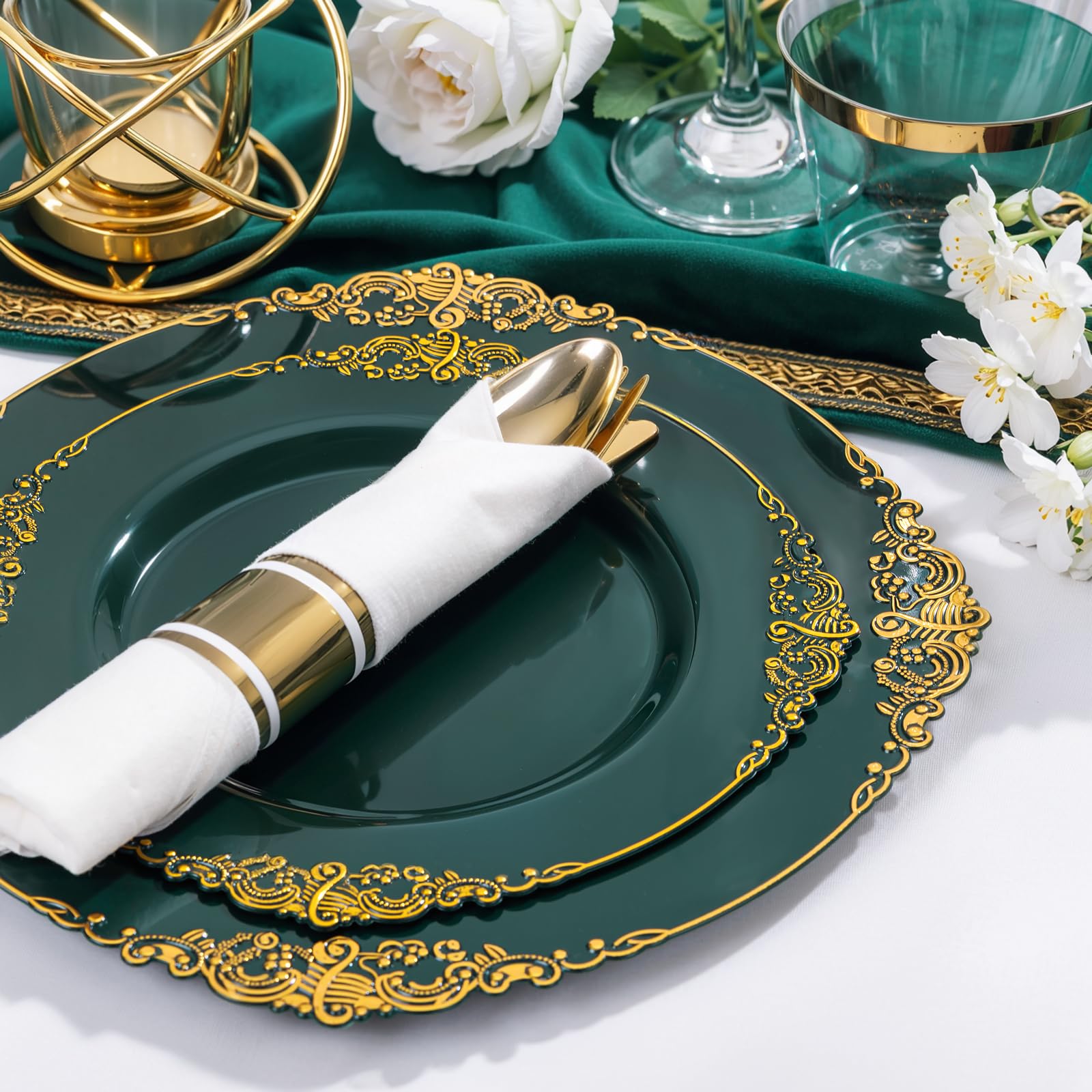Elegant Green Gold Disposable Plates -2