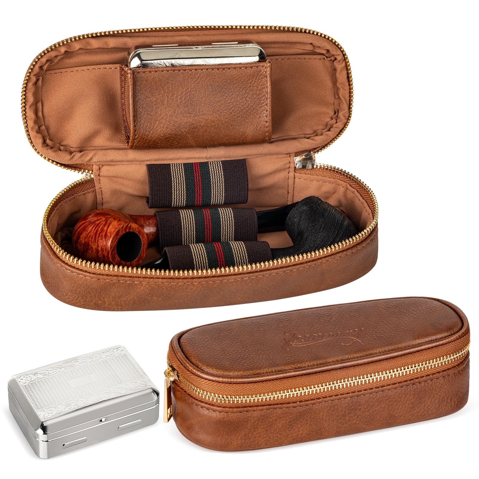 Pipe Pouch, PU Leather Pipe Case/Pipe Bag for 2 Pipes and Pipe Cleaners, Screens, Tamper and Other Smoking Pipe Accessories, Pipe and Accessories Not Included (Brown)