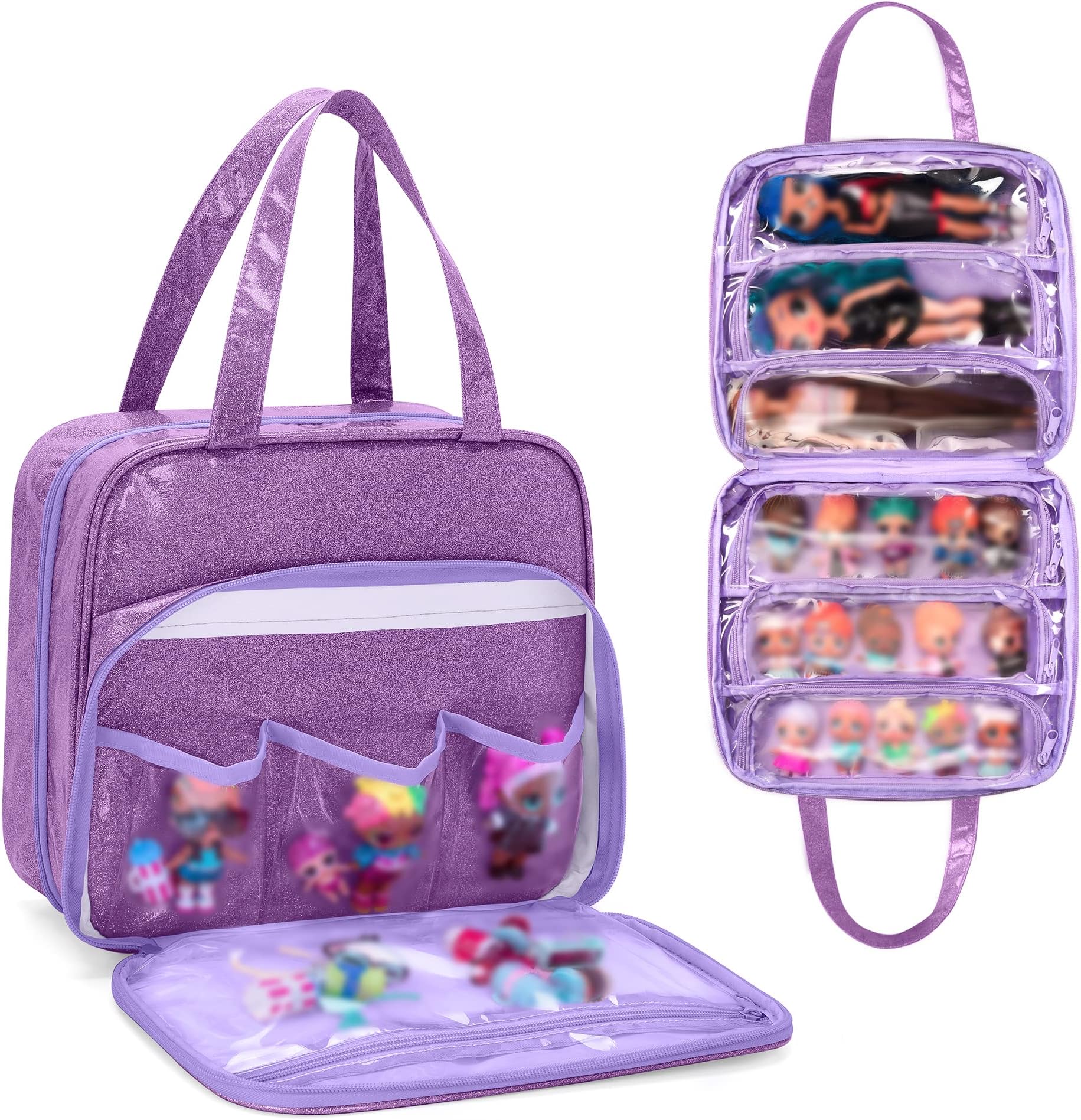 Doll Tote Carrying Case Compatible with LOL Surprise Dolls All, Hanging Organizer Storage Bag with 6 Clear Window Pockets for Girls, Bag Only, Purple,(Patent Design)
