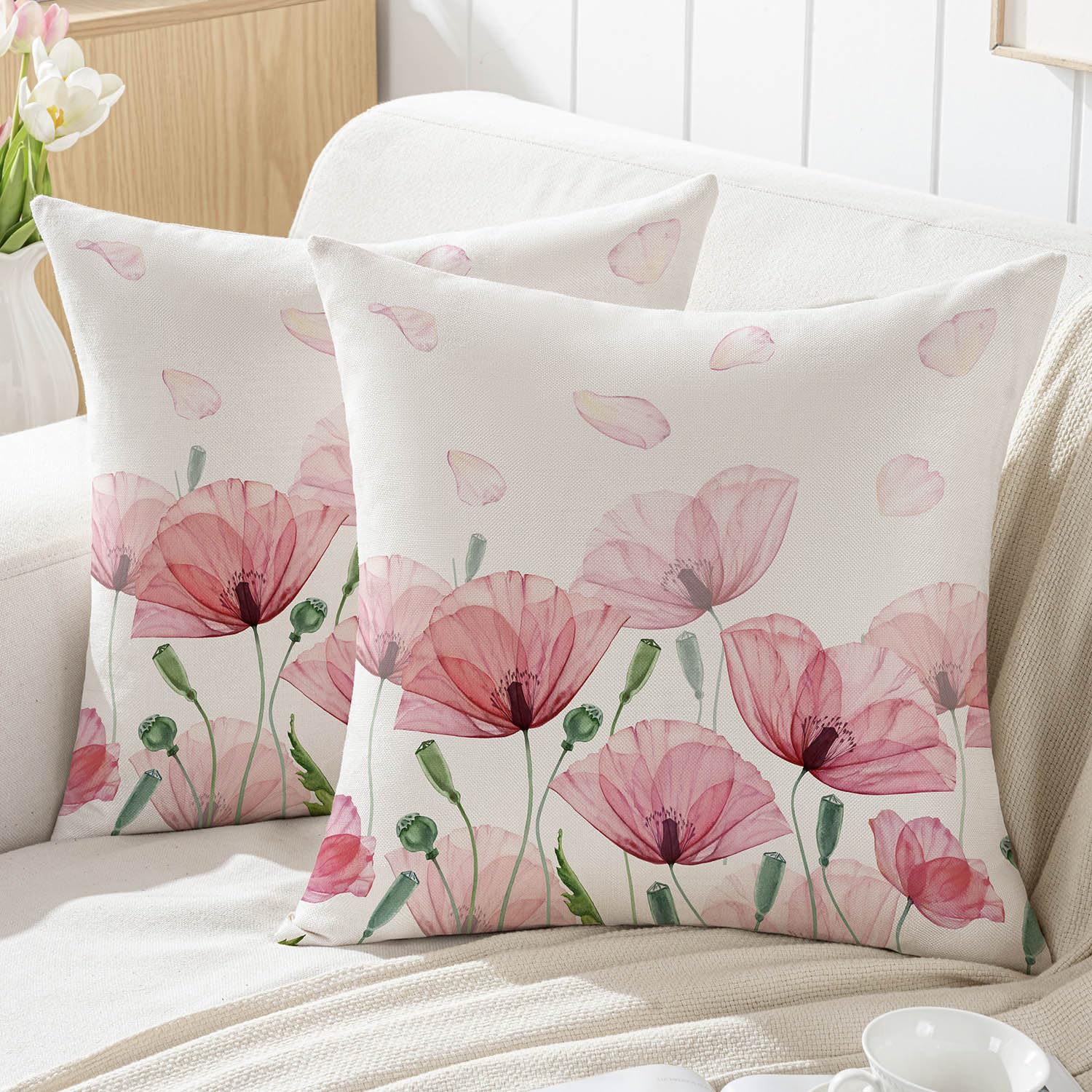 ZWJD Kussensloop met bloemen, 40 x 40 cm, set van 4 slopen voor outdoorkussens, sierkussens, linnen, kussenhoezen, bloemenpatroon, aquarelschilderij, voor bank, woonkamer, sierkussen, 40 x 40 cm