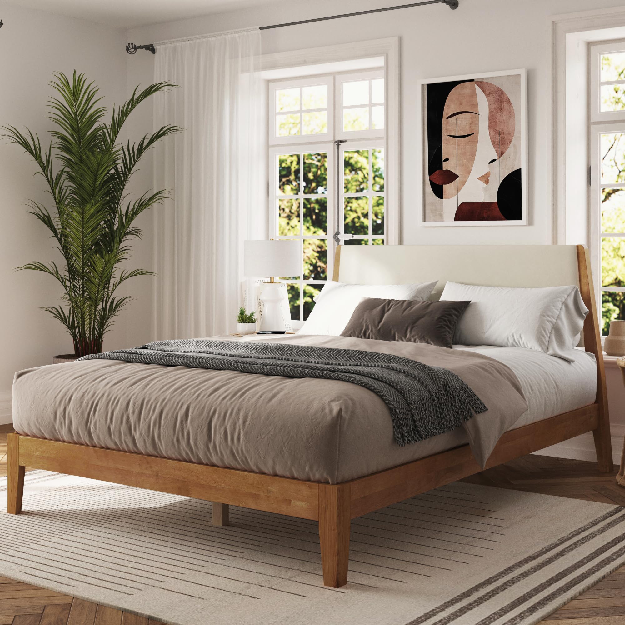 DG Casa Vandermark Solid Wood Easy Install Queen Bed Frame with Unique Headboard and Wooden Slat Support Included No Box Spring Required - Beige