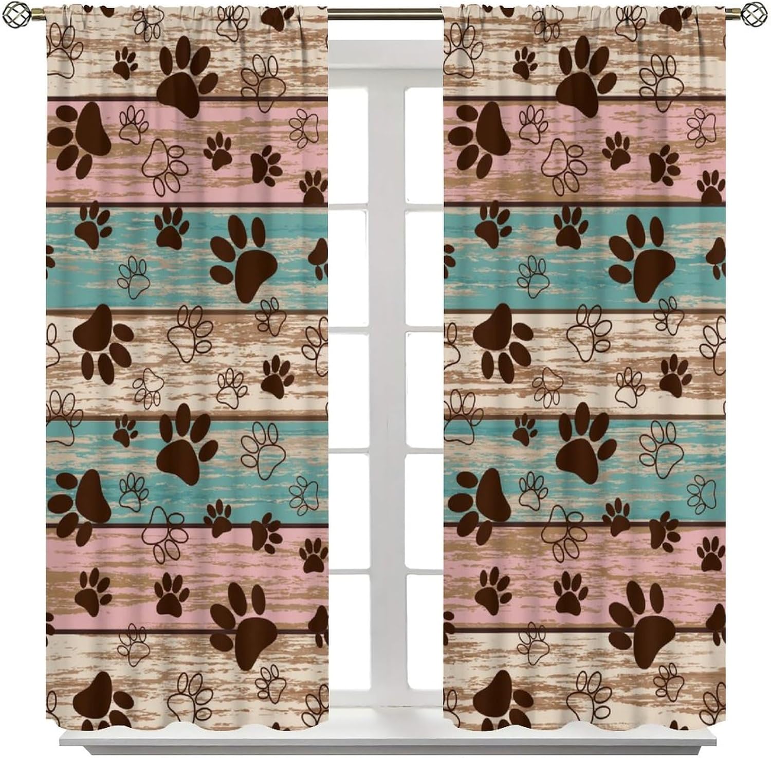 Dog Paw Print Curtains Rustic Wood Board Puppy Paws Art Printed Blackout Window Drapes for Living Room Kitchen Decor Fabric Set 2 Panel 42x45 Inch 80% Shading Rate