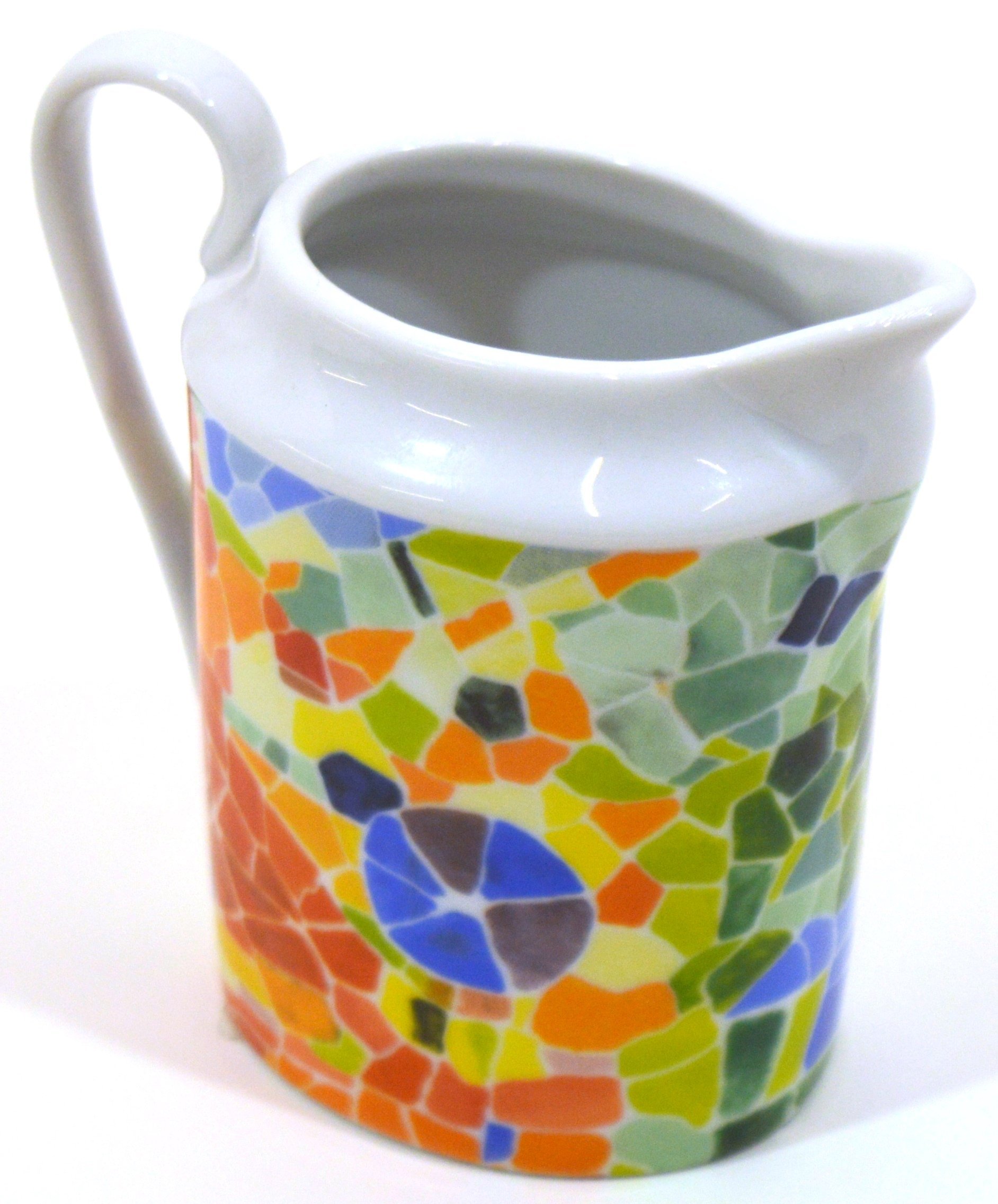 Porcelain MILK JUG decorated in TRENCADIS Gaudí style. (Colour AURORA). 3.74'' x 2.36'' x 3.54''