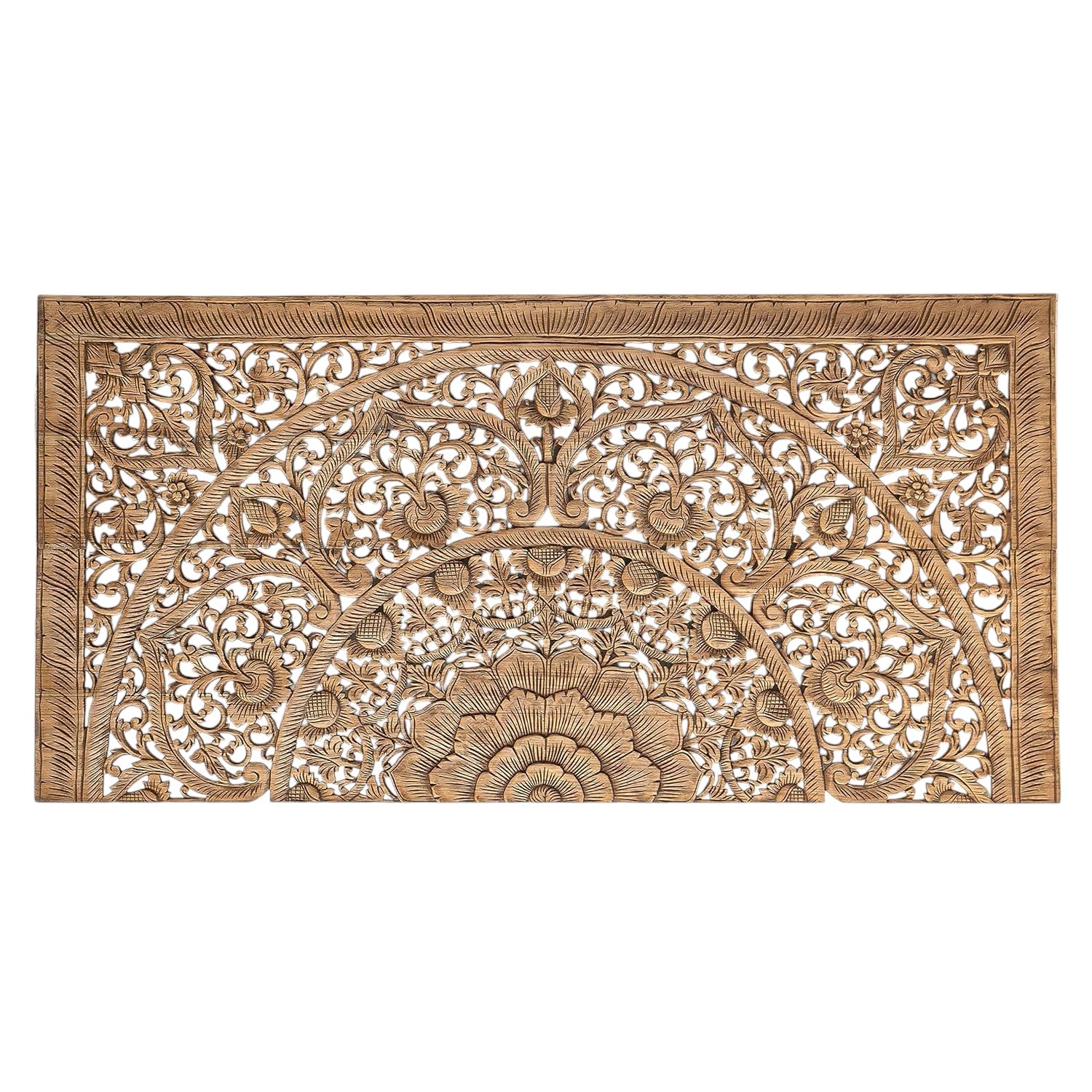 Rectangular King Size Bed Headboard, Wall Mounted, Hand Carved Teak Wood, Rustic Brown