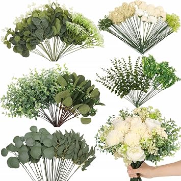 Dexpinzo 120 Pcs Mixed Artificial Eucalyptus Stems Flowers Bulk, 15 Kinds | Fake Silver Dollar Eucalyptus Faux Silk Greenery Leaves for Wedding Centerpieces Vase Bouquets Floral Arrangement Home Decor