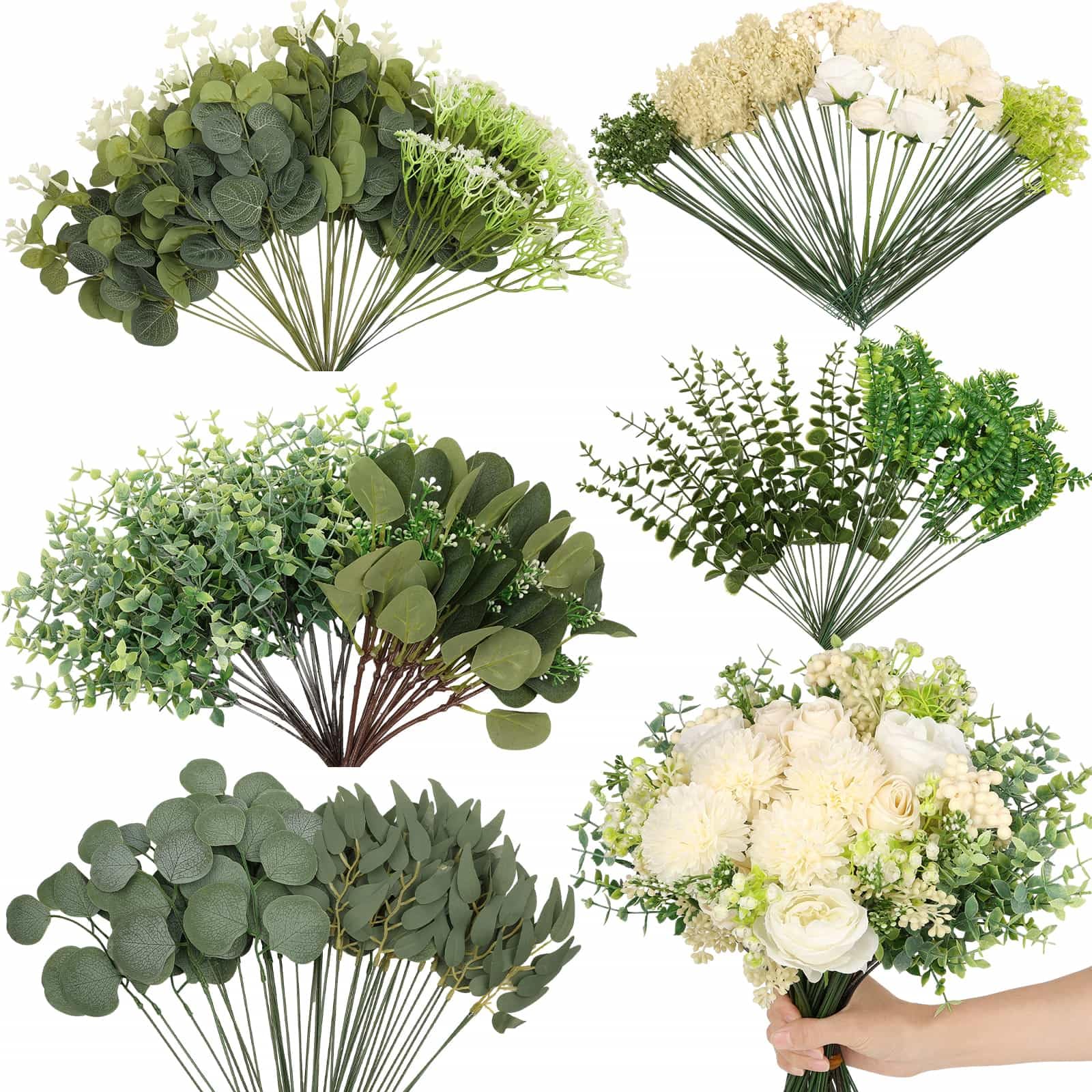 Photo 1 of 120Pcs 15 Kinds Mixed Artificial Eucalyptus Leaves Stems and Faux Flowers Bulk, Fake Silver Dollar Eucalyptus Bundle Plants Greenery Branches for Wedding Vase Bouquets Floral Arrangement Home Decor