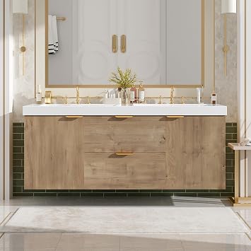 Modern Double Sink Wall-Mounted Bathroom Vanity 60 Inch with SMC Countertop and Divided Drawers, Vintage MDF Cabinet with Storage, Soft Close Doors and Metal Handles for Large Bathrooms, Natural