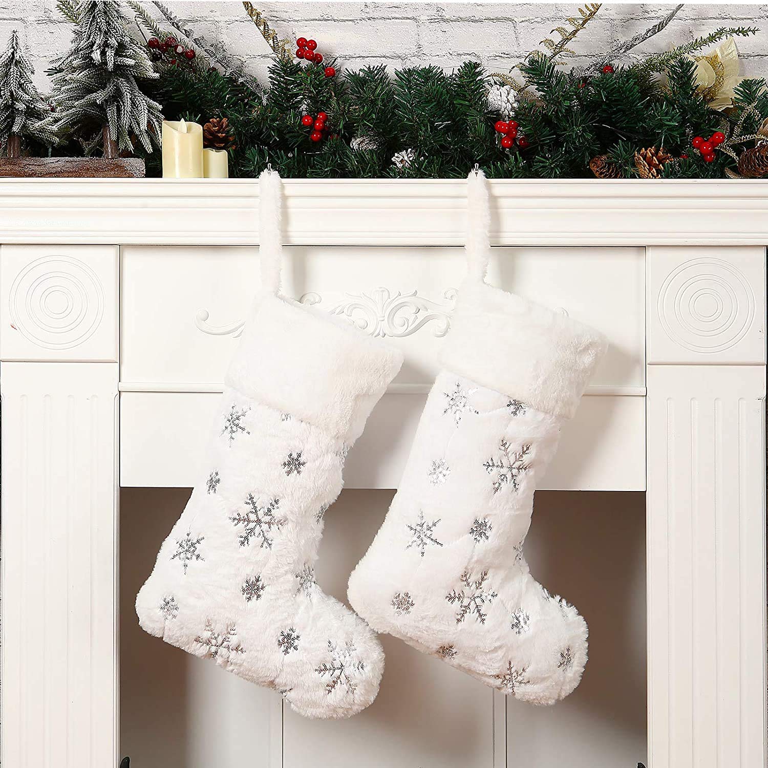 2 Pack White Christmas Stockings,18 Inches Faux Furry Fur Silver Large Snowflake Xmas Stocking for Holiday Decoration Gift Socks Christmas Ornament Gift Bags for Family Holiday Xmas Party Decorations