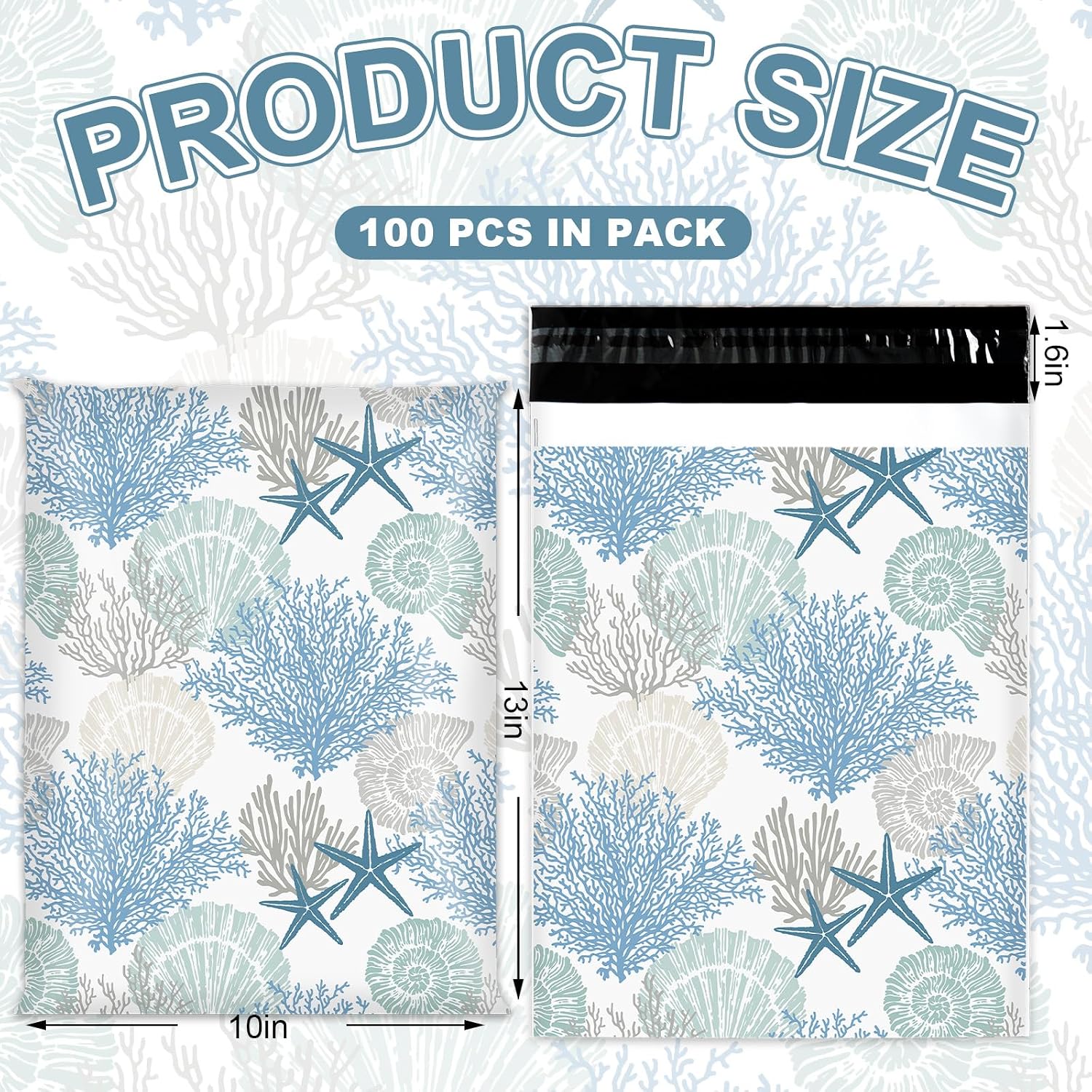 JarThenaAMCS 100 Pcs Coral Seashell Starfish Poly Mailers 10 x 13 Inch Summer Blue Ocean Sea Mailing Bags Self-Sealing Plastic Packaging Envelope Bags for Clothes Small Business