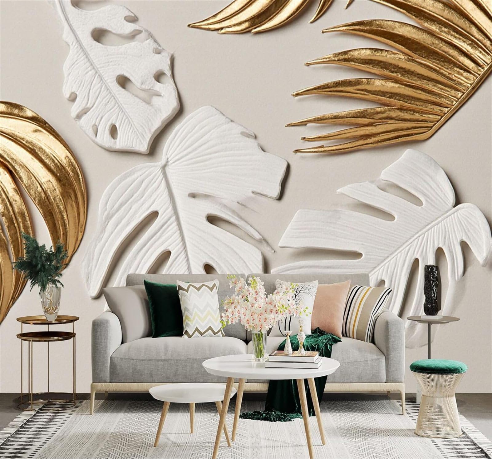 Xlming 250Cm×170Cm(B×H) Minimalist Three Dimensional Gold And White Tropical Plants Palm Leaves 3D Wallpaper Premium Textured Silk Study Dining Living Room Bedroom Sofa Tv Wall Easy Install-250Cm×170Cm