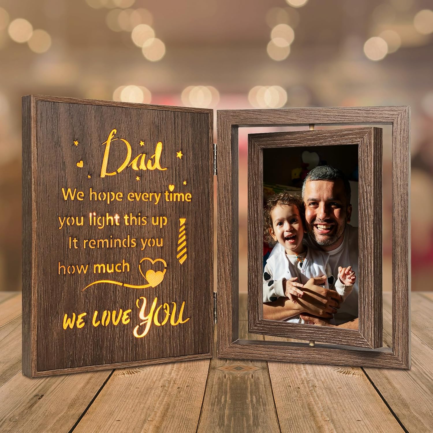 Dad Picture Frame with Light – Rotating Wooden Father Picture Frame for Two 4x6 Photos – Vintage Brown Dad Gift for Birthday, Fathers Day from Kids or Daughter