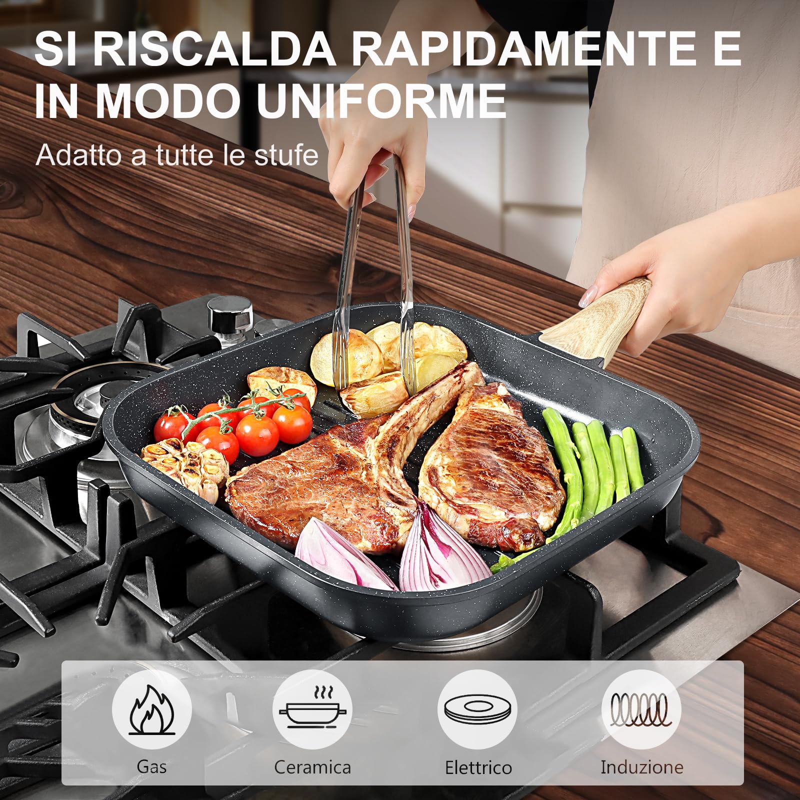 GiPP Bistecchiera 28 x 28 cm, Padella a Induzione in Alluminio Pressofuso con Rrivestimento Antiaderente in Granito, 100% Senza PFOA, Adatta per Tutti i Tipi di Fornelli (Grigio, 28cm)