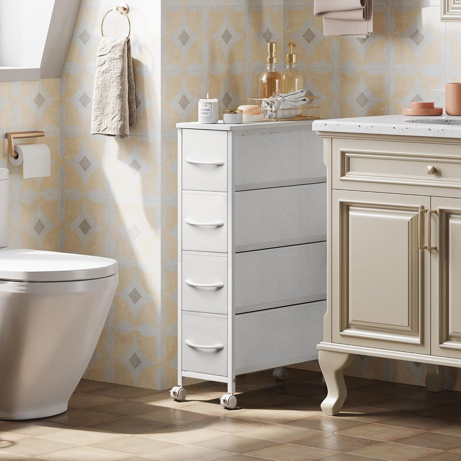 Narrow Dresser Storage Tower with 4 Drawers, Slim Dresser Chest of Drawers with Steel Frame, Wood Top, Dresser for Bedroom, Bathroom, Small Spaces, Laundry, Closet (White) - Image 8