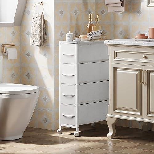 Miniatura 8 de Torre de almacenamiento estrecha con 4 cajones, cómoda delgada con marco de acero, parte superior de madera, cómoda para dormitorio, baño, espacios