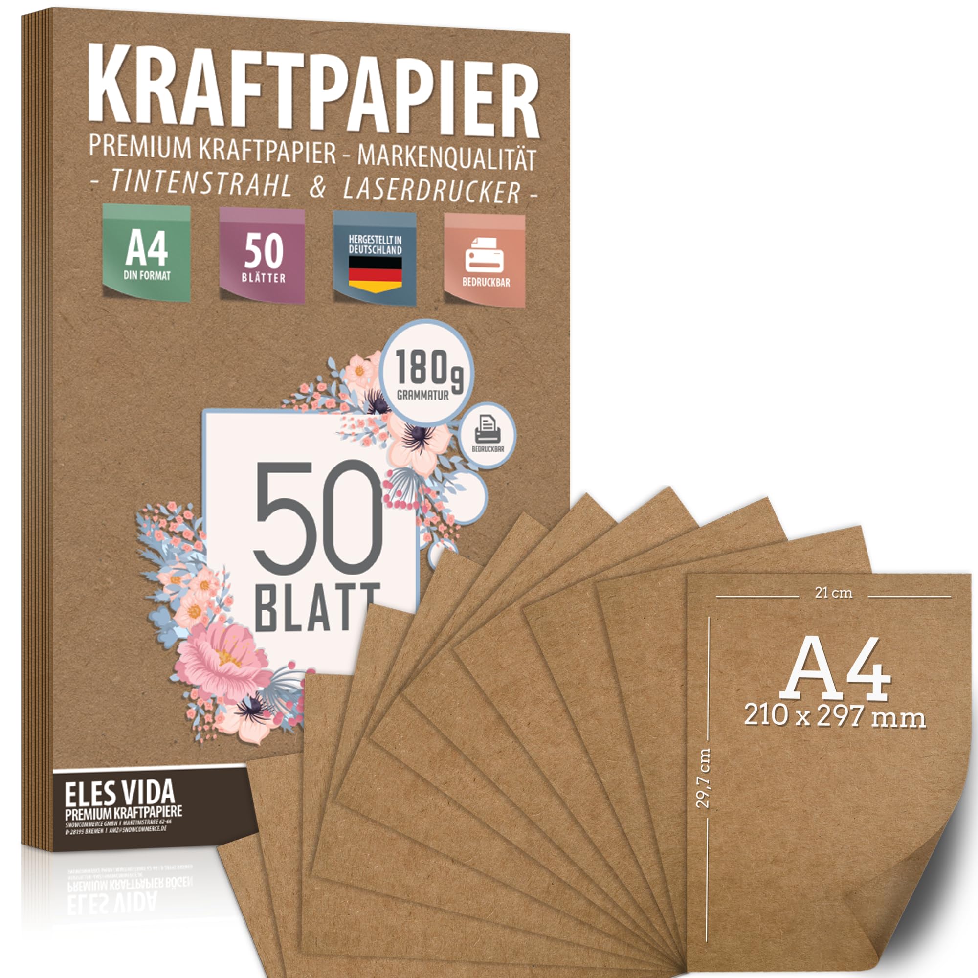 50 Sheets of A4 Kraft Paper Set - 180 g - 21 x 29.7 cm - DIN Format - Craft Paper & Natural Cardboard Sheets Made of Kraft Cardboard for Printing, Cardboard Paper Crafts for Vintage Wedding Gifts