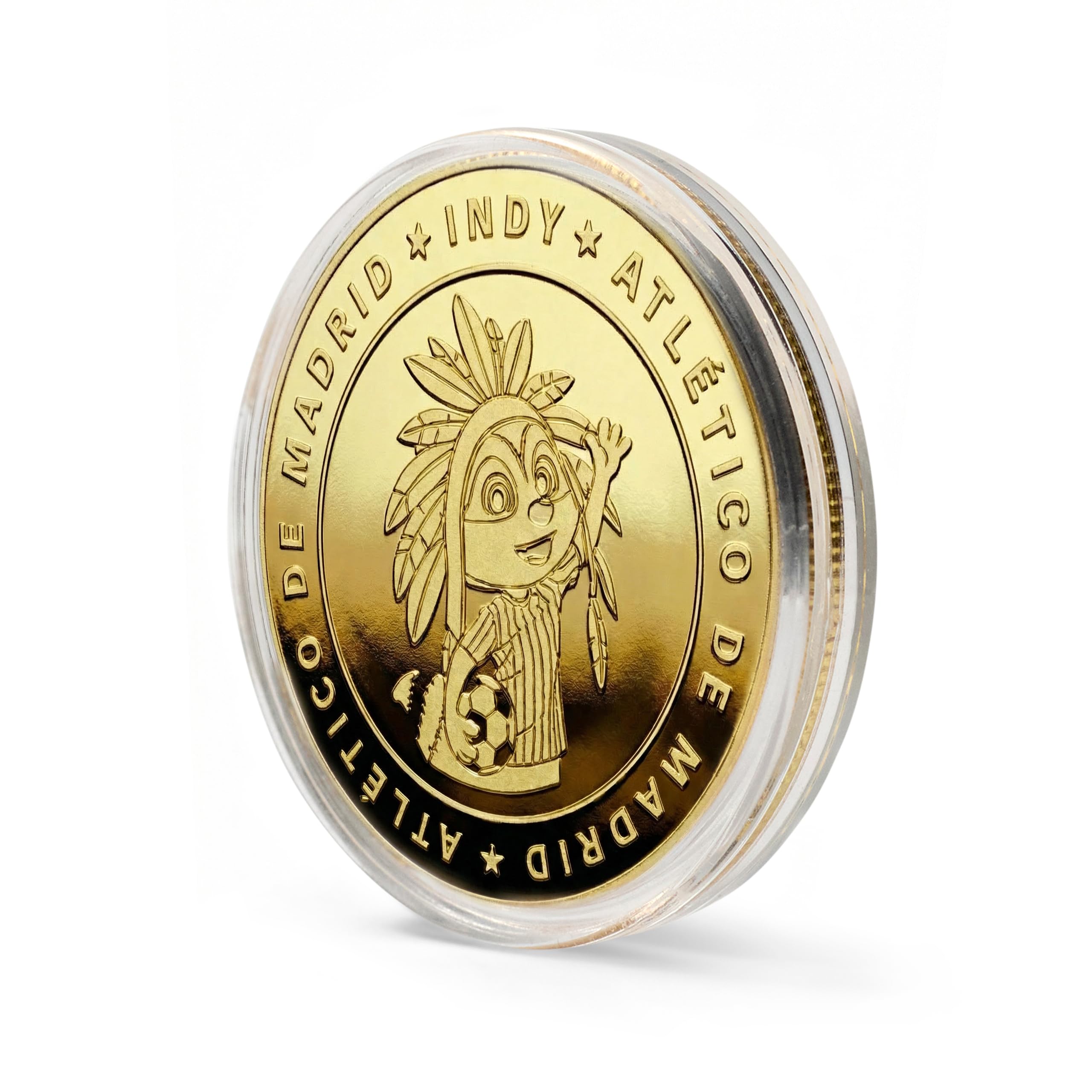 Moneta da Collezione Ufficiale dell'Atlético de Madrid, Edizione Speciale Indy, placcata in Oro, Lega Metallica, Diametro 40 mm, Spessore 3 mm, con Capsula Protettiva