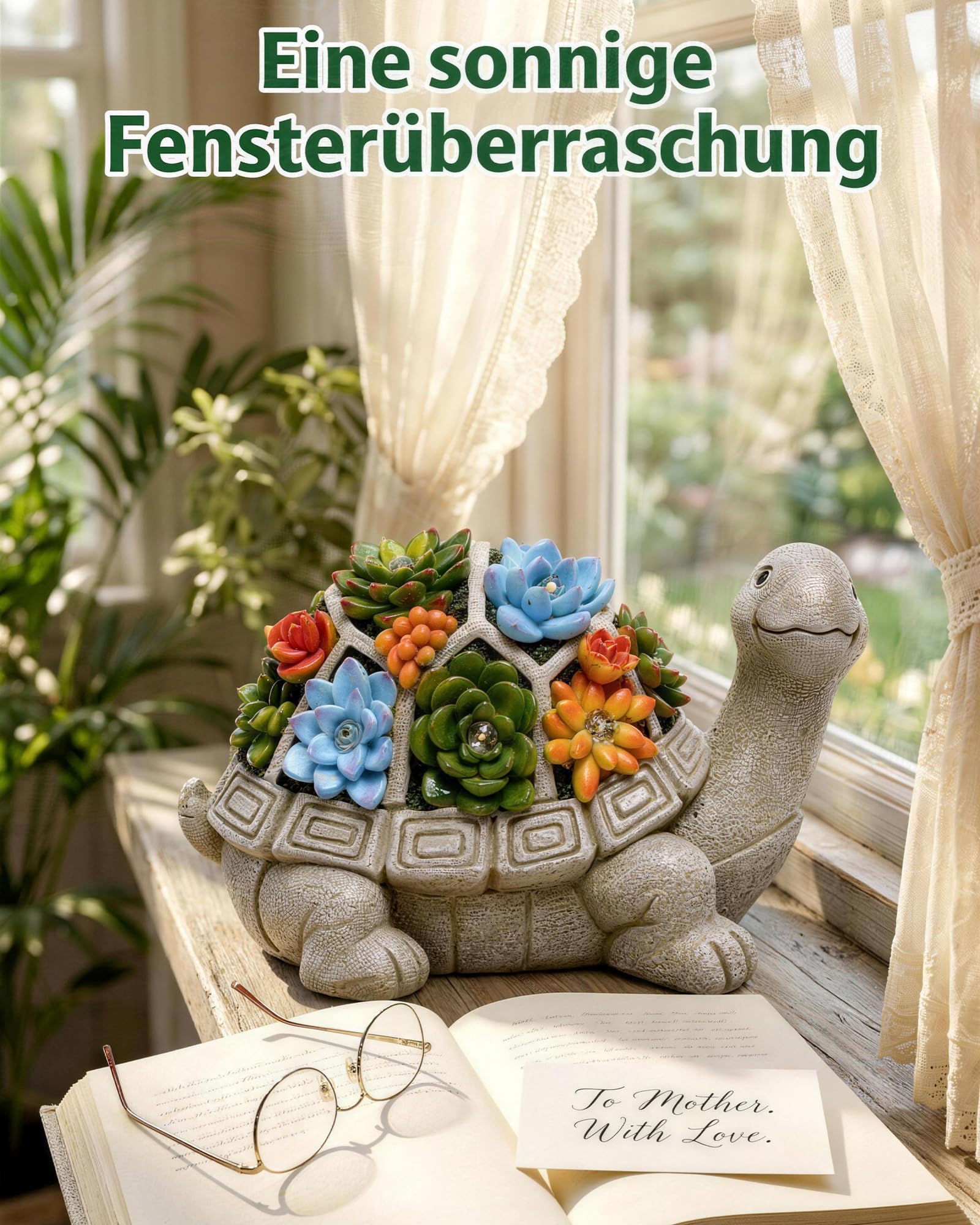 Yeomoo Figurine Tortue Solaire avec 7 LED Succulentes Décoration Jardin | Figurine tortue en résine étanche avec succulentes et 7 LED, Cadeau pour femme homme maman, Décoration jardin balcon maison
