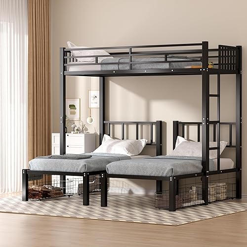 Triple Bunk Bed with 4 Storage Drawers for 3 Kids,Twin Over Twin Over Twin Bunk Bed with Ladders & Full-Length Guardrails,Easy to Assemble,Space Saving, Black