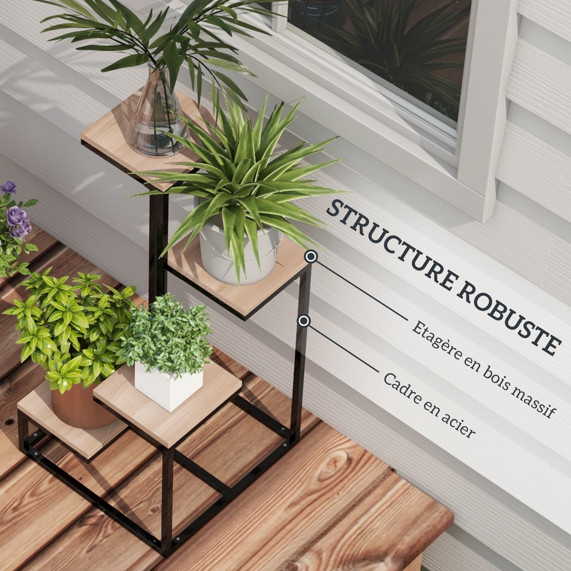 Outsunny Étagère à plantes, étagère à fleurs en bois et métal, 4 niveaux de différentes hauteurs, style industriel, 40 x 40 x 75,5 cm, noir et marron
