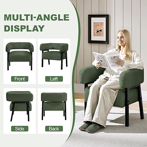 Miniatura 6 de Yaheetech Juego de 2 sillas decorativas de pana con diseño de barril, modernos sillones tapizados con patas de madera maciza, acogedora silla de