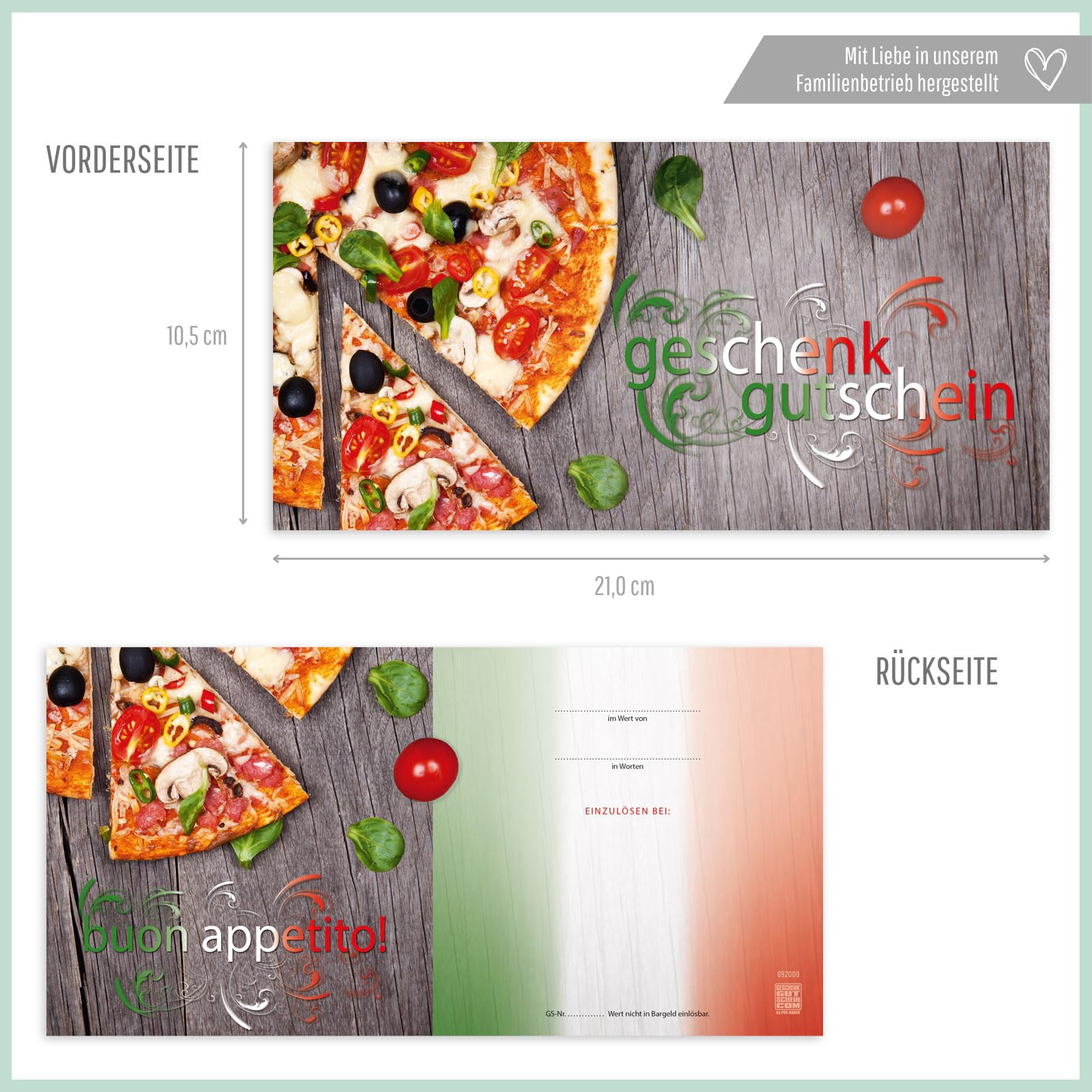 GESCHENKGUTSCHEINcom - 100 Geschenkgutscheine mit Umschlag - Formulare mit Motiv für Restaurant italienisch Pizzeria Gastgewerbe G920001-100-V1