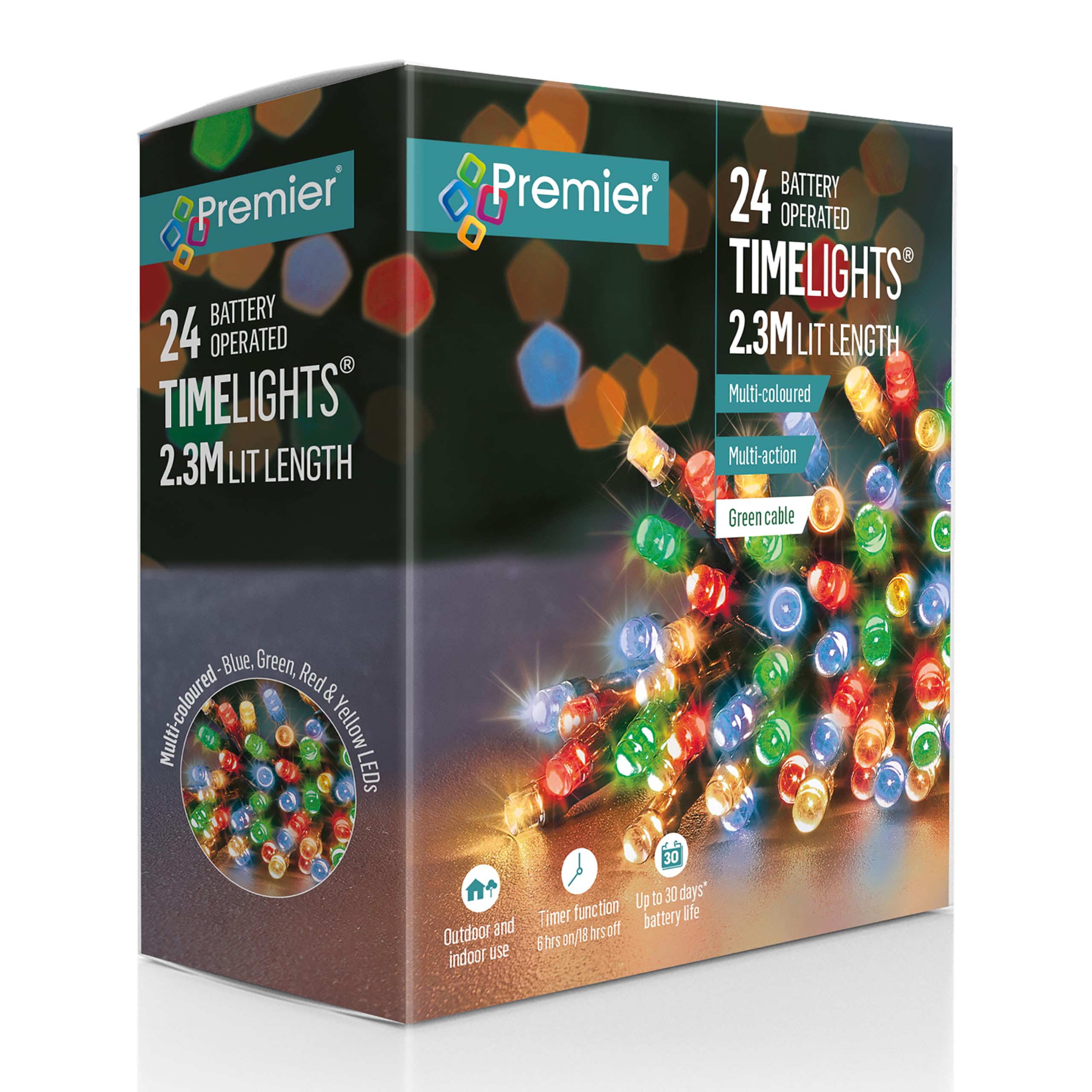 Premier Multicolor 24 Battery Operated Timelights, 2.3M Lit Length, Multi-Coloured Leds, Green Cable, Multi-Action With Timer Function, Indoor And Outdoor Use