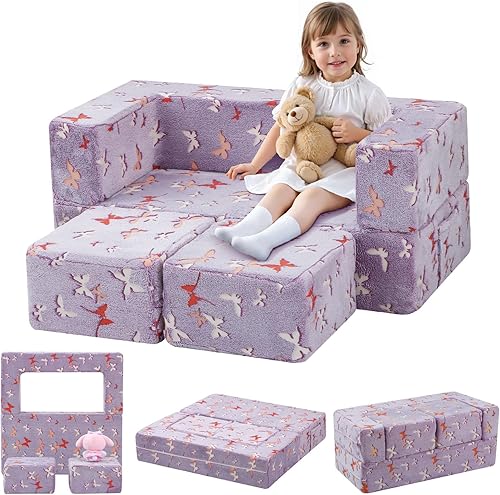 Miniatura 41 de MeMoreCool Sofá modular para niños, sofá convertible suave para niños, silla de espuma de felpa plegable gris para diversión en la sala de juegos de