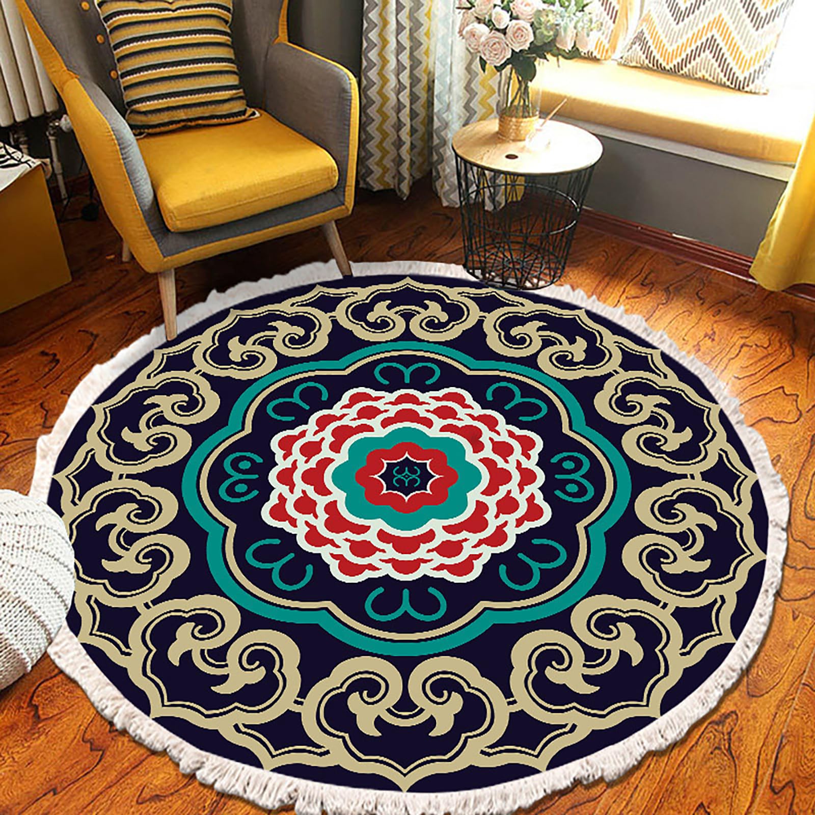 Tapis rond lavable antidérapant en imitation coton pour sol sans glisse