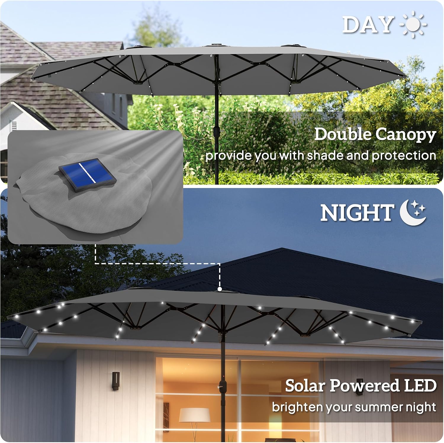 Outsunny 14.4ft Large Patio Umbrella with 36 Solar LED Lights, Double Sided Outdoor Umbrella with Base Included