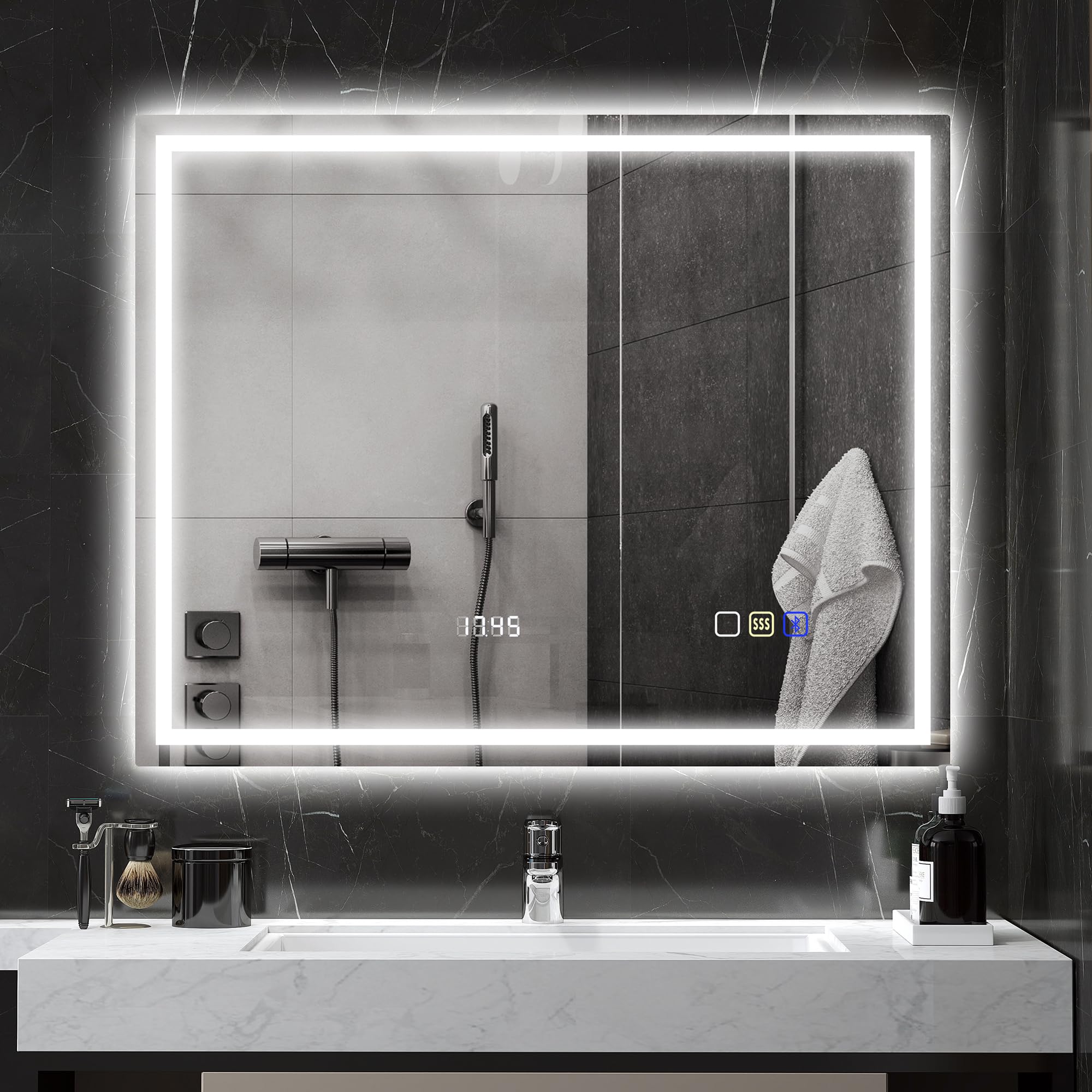 HOMCOM Specchio da bagno bluetooth con illuminazione LED 80 x 100 cm, specchio da bagno a parete illuminato con interruttore sensibile al tocco, luce regolabile in 3 colori, antiappannamento, memoria